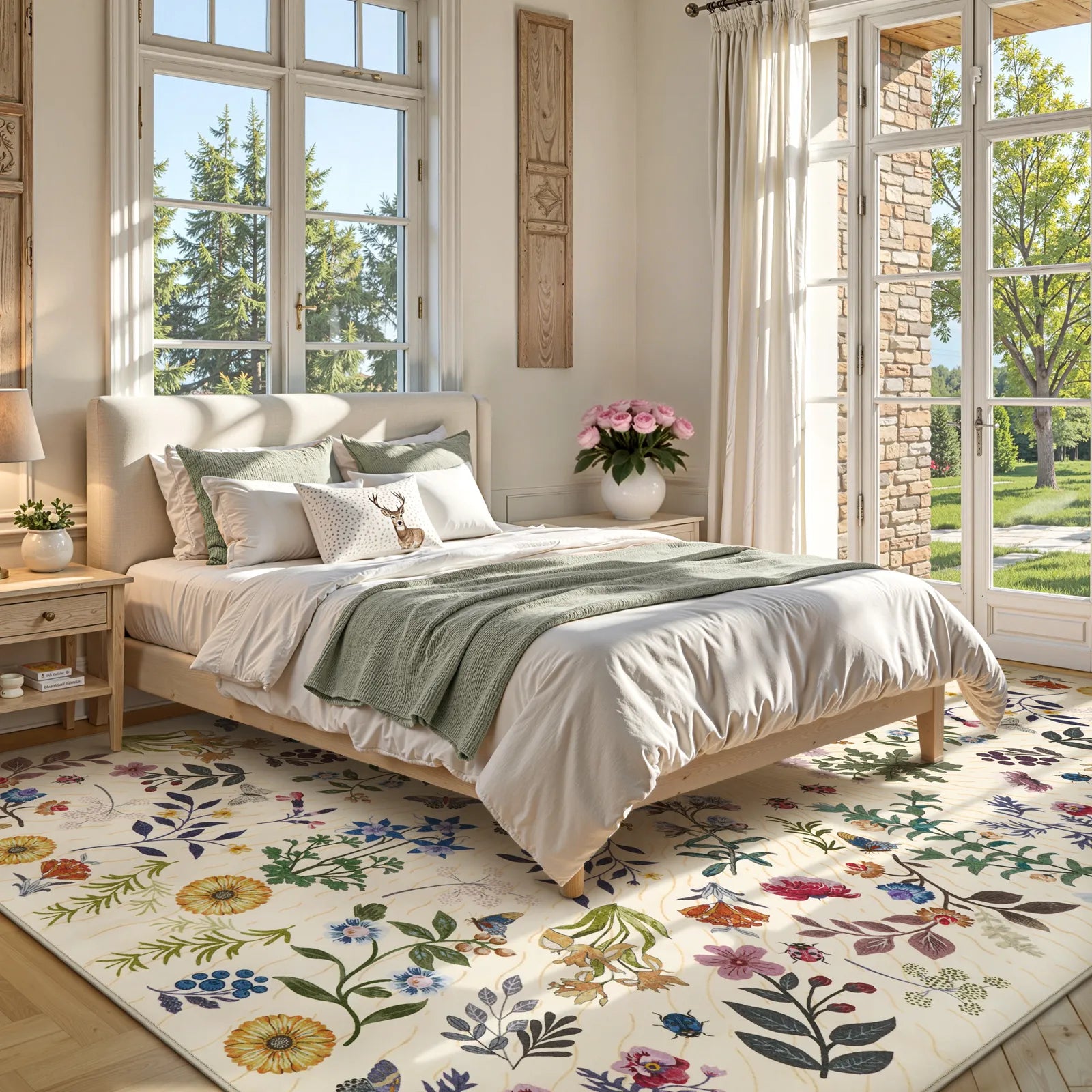 Eclore Washable Boho Botanical Floral Beige Rug Area Rugs Lahome