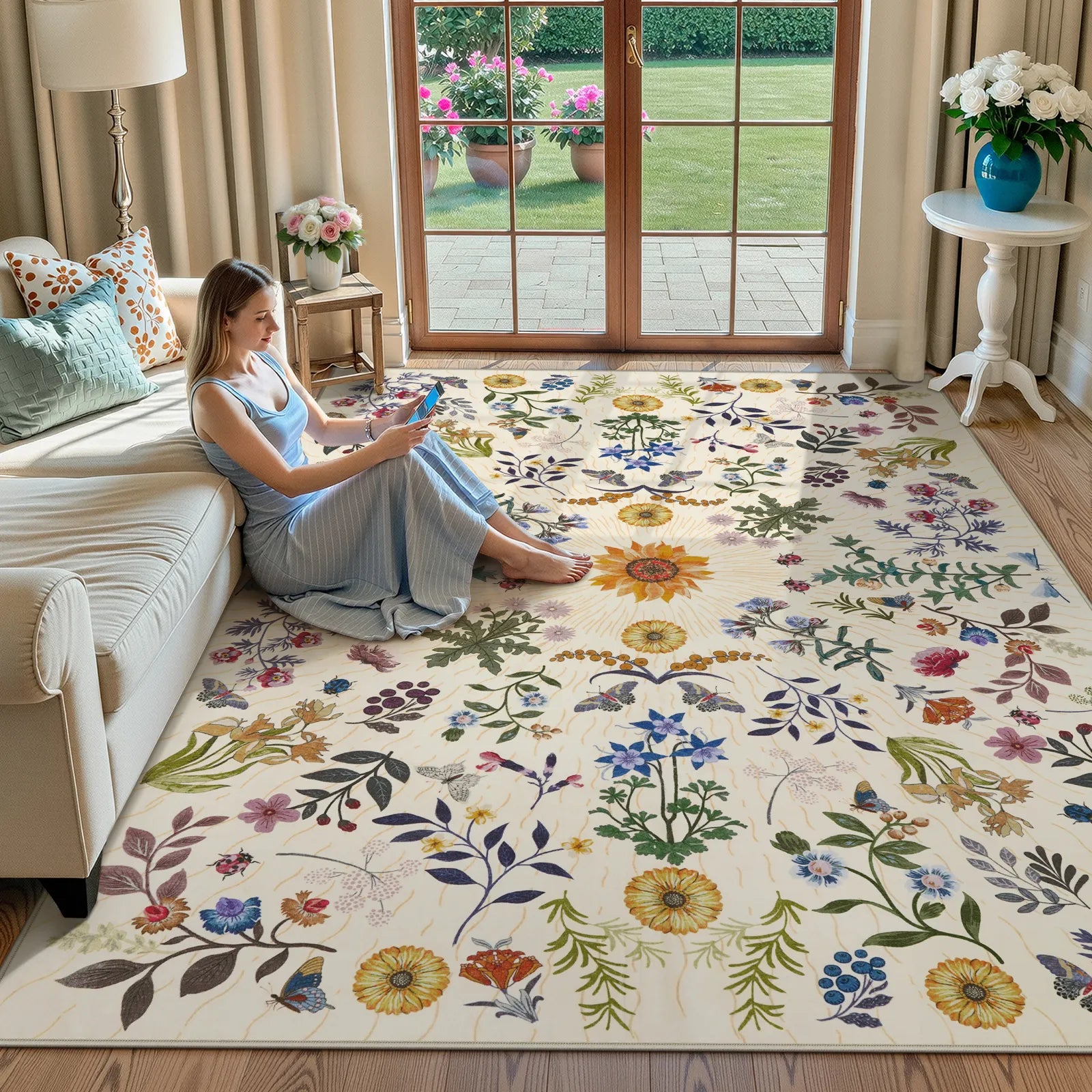Eclore Washable Boho Botanical Floral Beige Rug Area Rugs Lahome
