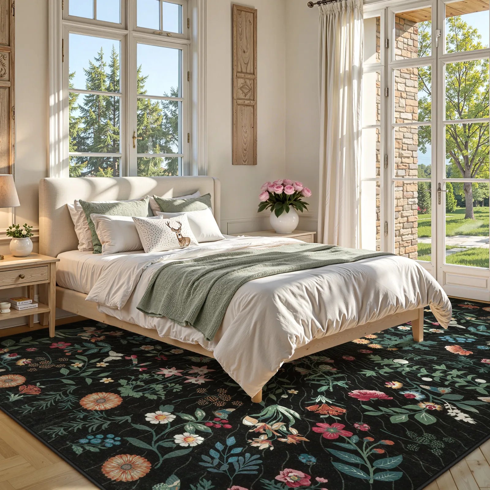 Eclore Washable Boho Botanical Floral Black Rug Area Rugs Lahome