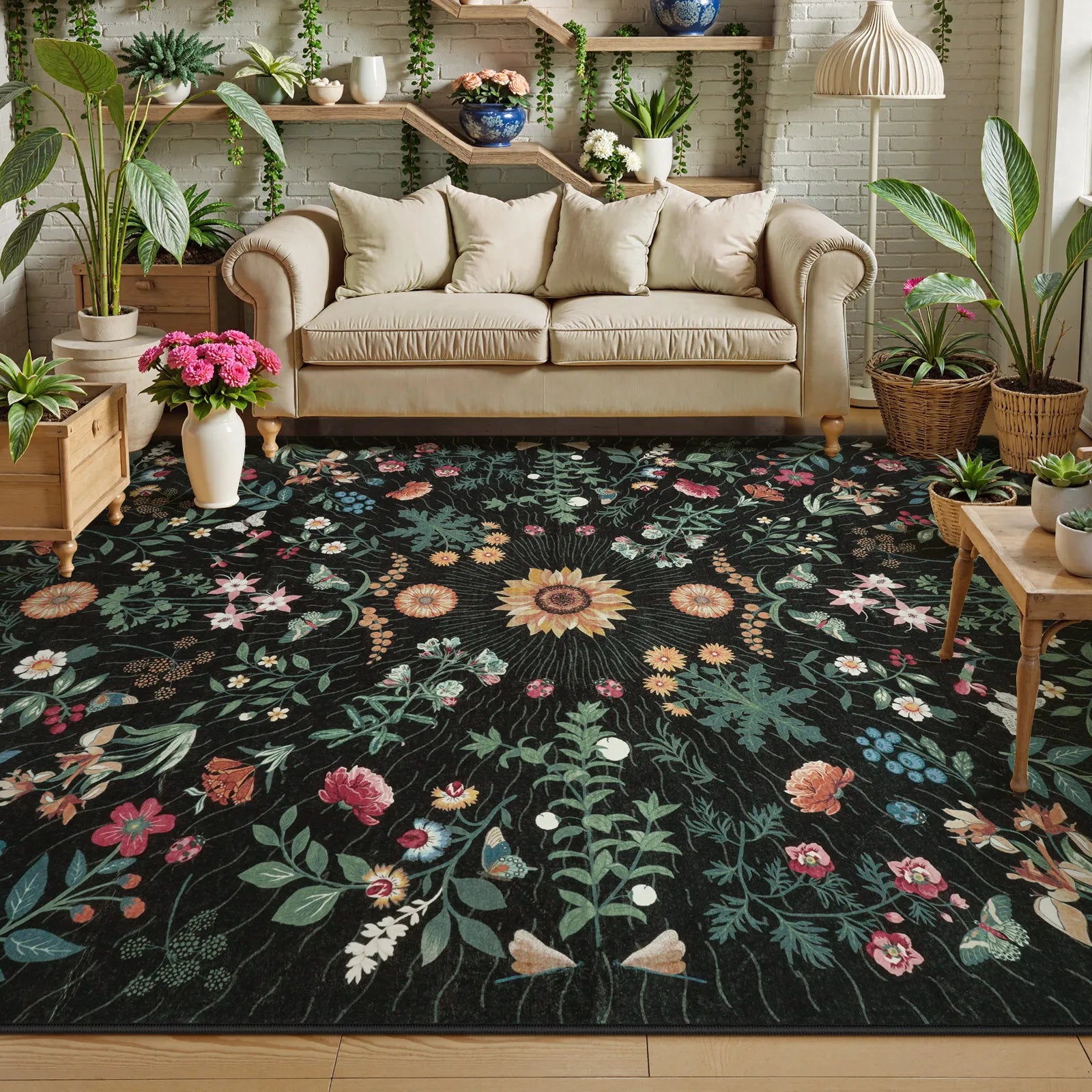 Eclore Washable Boho Botanical Floral Black Rug Area Rugs Lahome