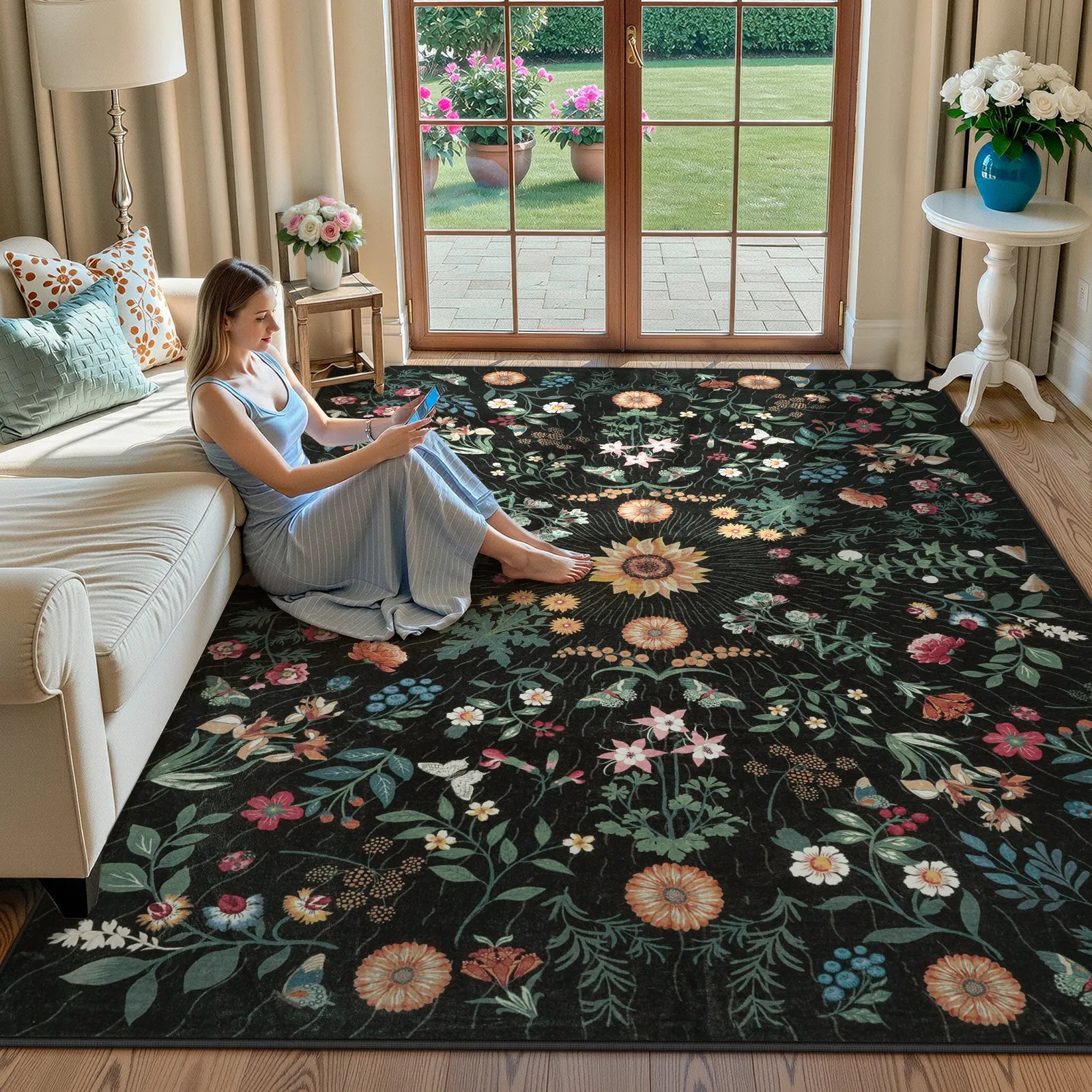 Eclore Washable Boho Botanical Floral Black Rug Area Rugs Lahome