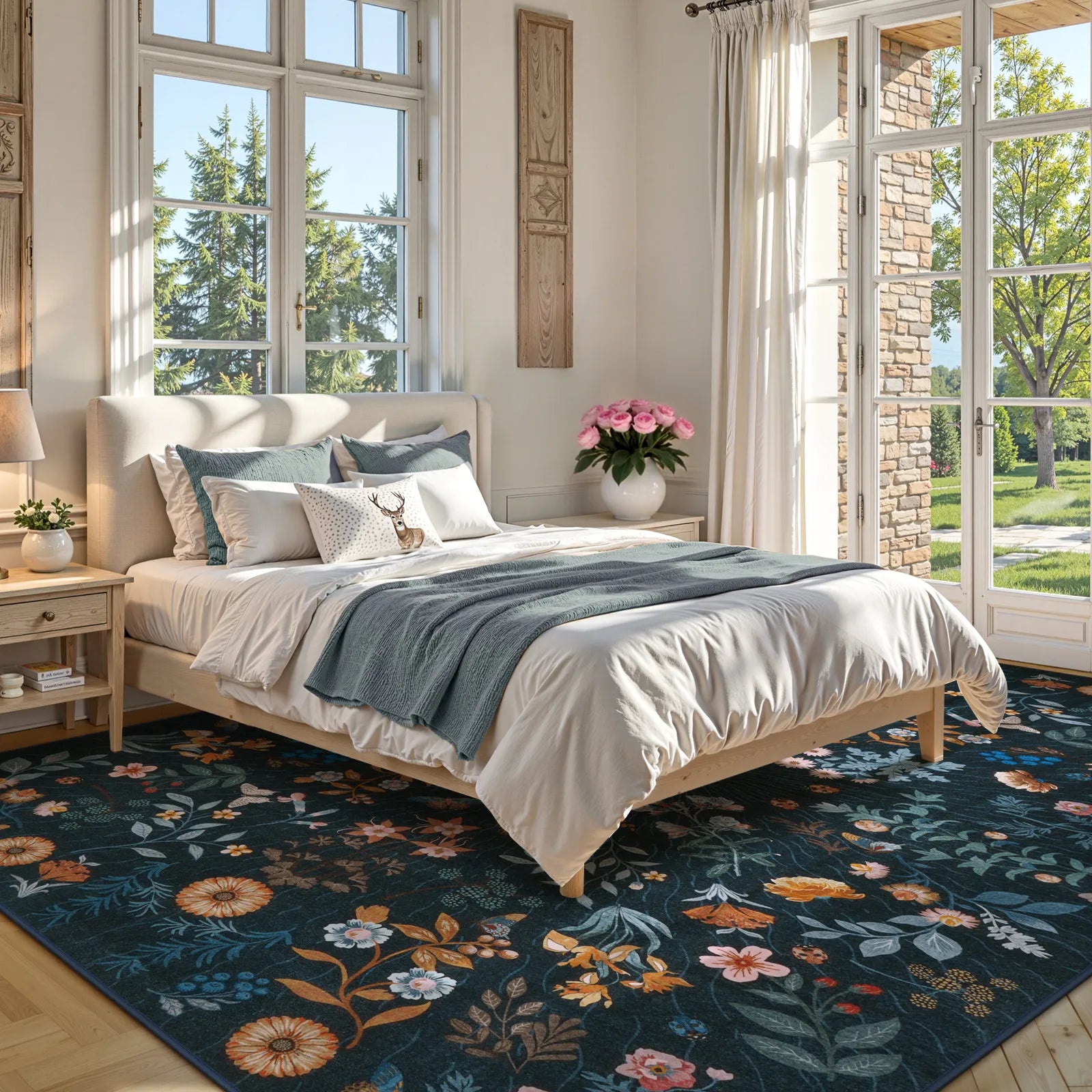 Eclore Washable Boho Botanical Floral Blue Rug Area Rugs Lahome