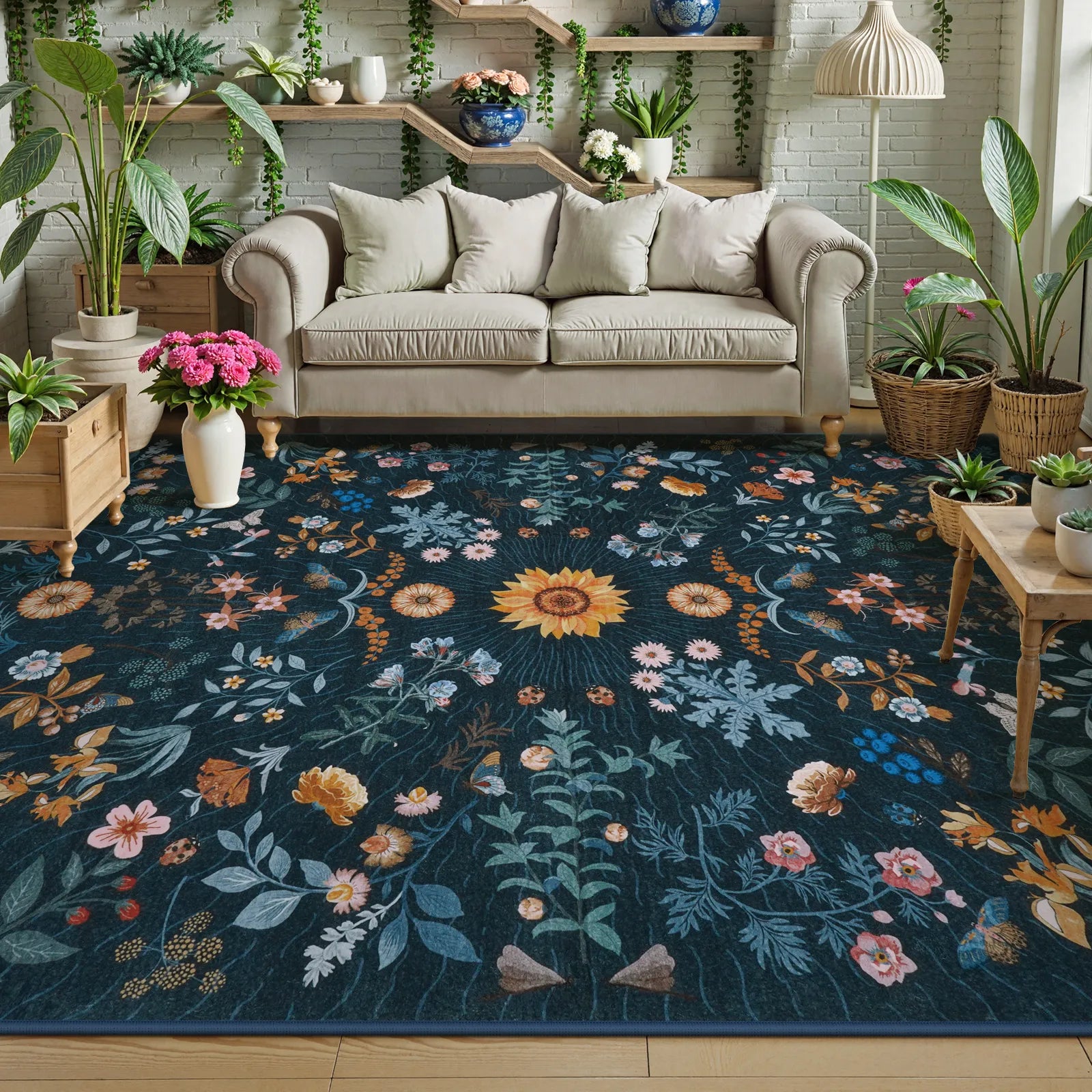 Eclore Washable Boho Botanical Floral Blue Rug Area Rugs Lahome