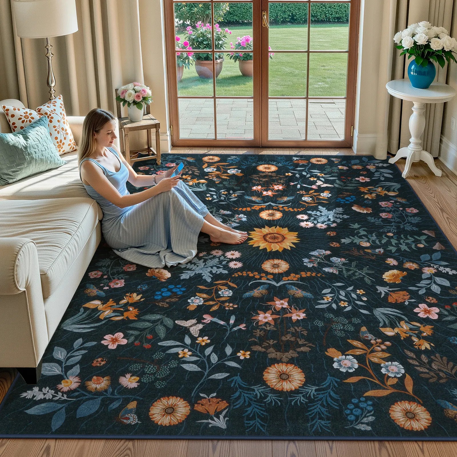 Eclore Washable Boho Botanical Floral Blue Rug Area Rugs Lahome