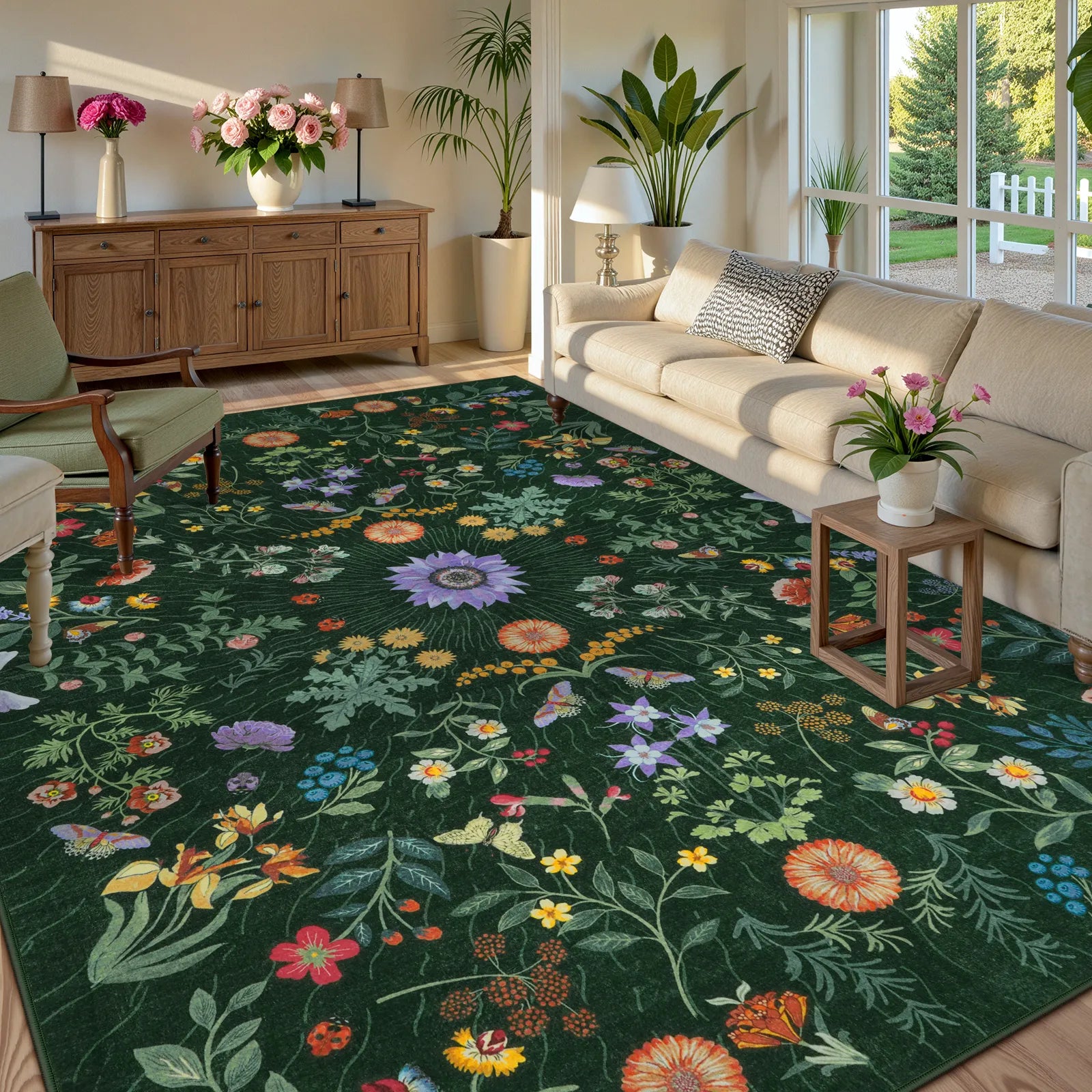Eclore Washable Boho Botanical Floral Green Rug Area Rugs Lahome 8' x 10'