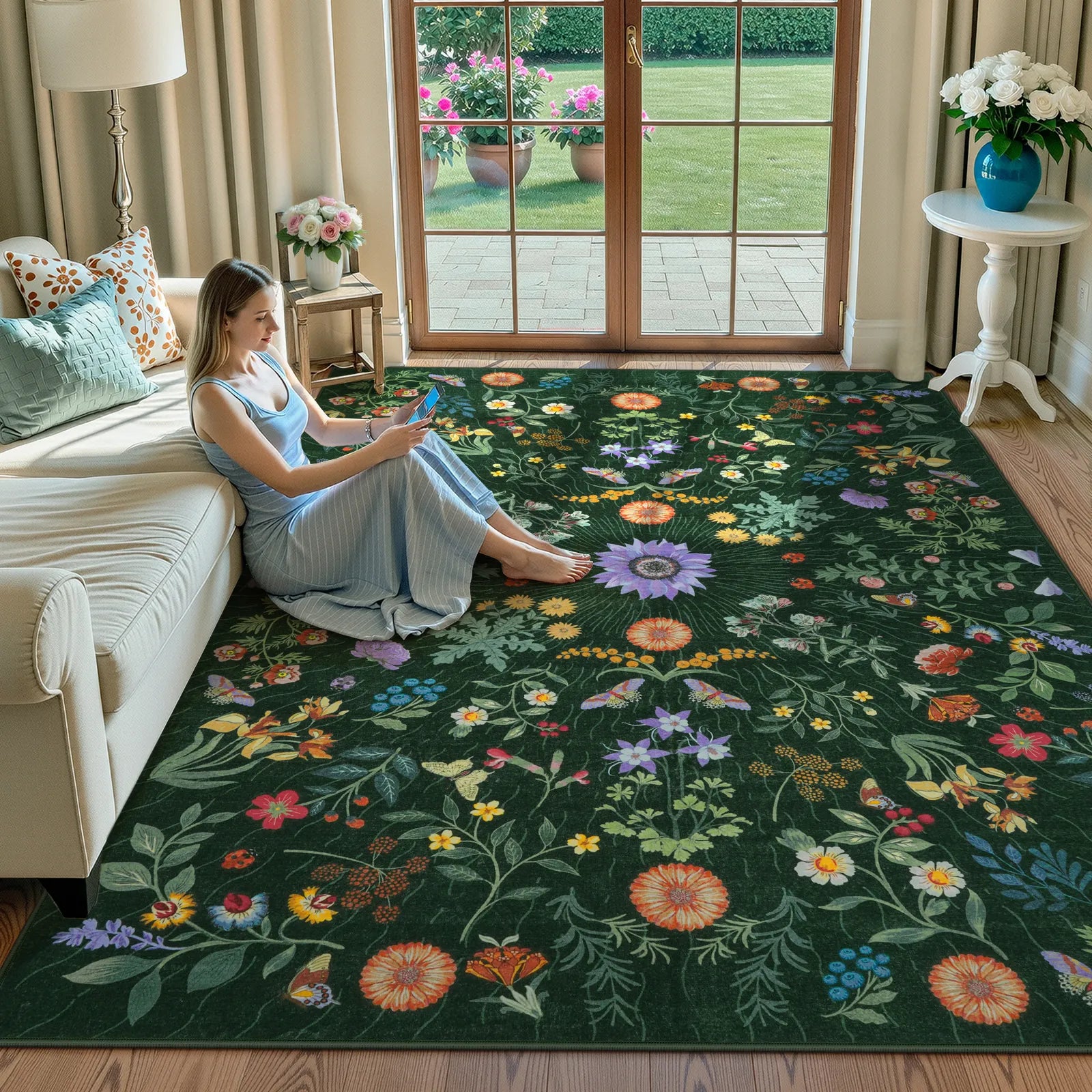 Eclore Washable Boho Botanical Floral Green Rug Area Rugs Lahome