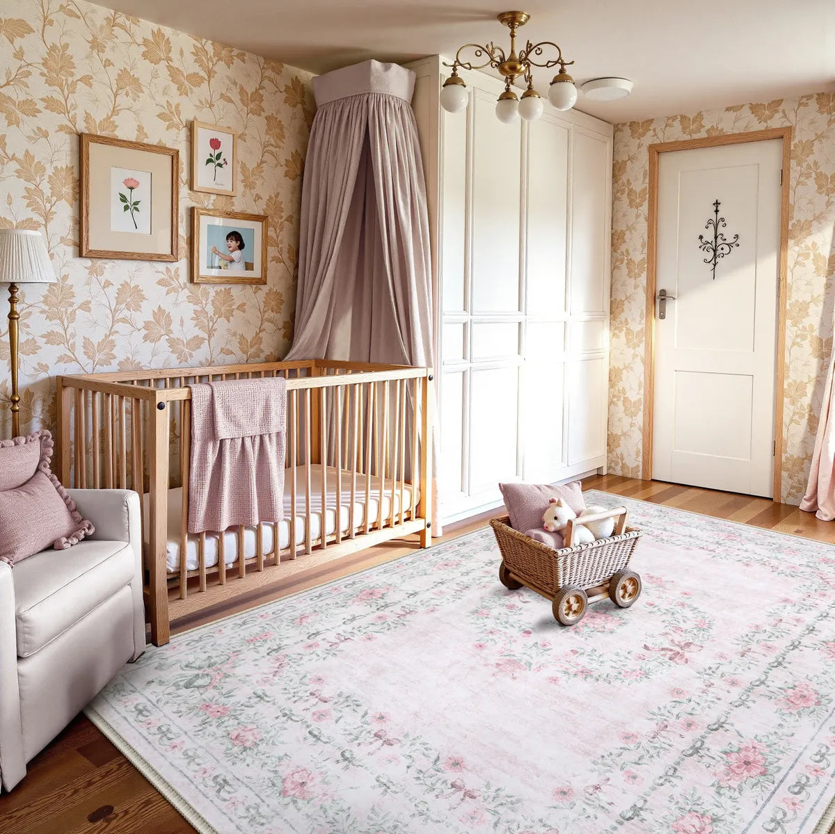 Eliane Washable Vintage Traditional Floral Pink Rug Area Rugs Lahome