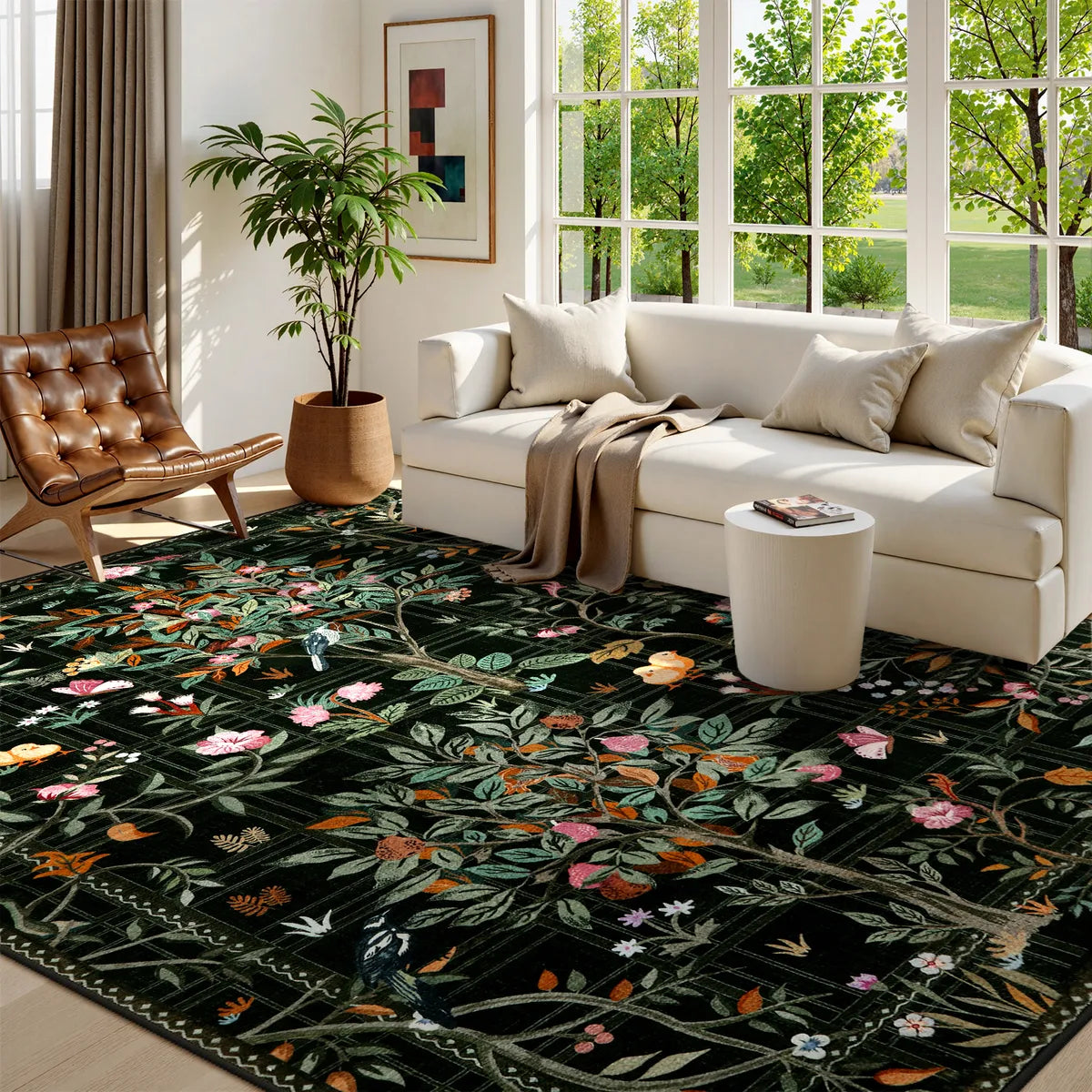 Elowen Washable Boho Forest Botanical Black Runner Rug Rugs Lahome