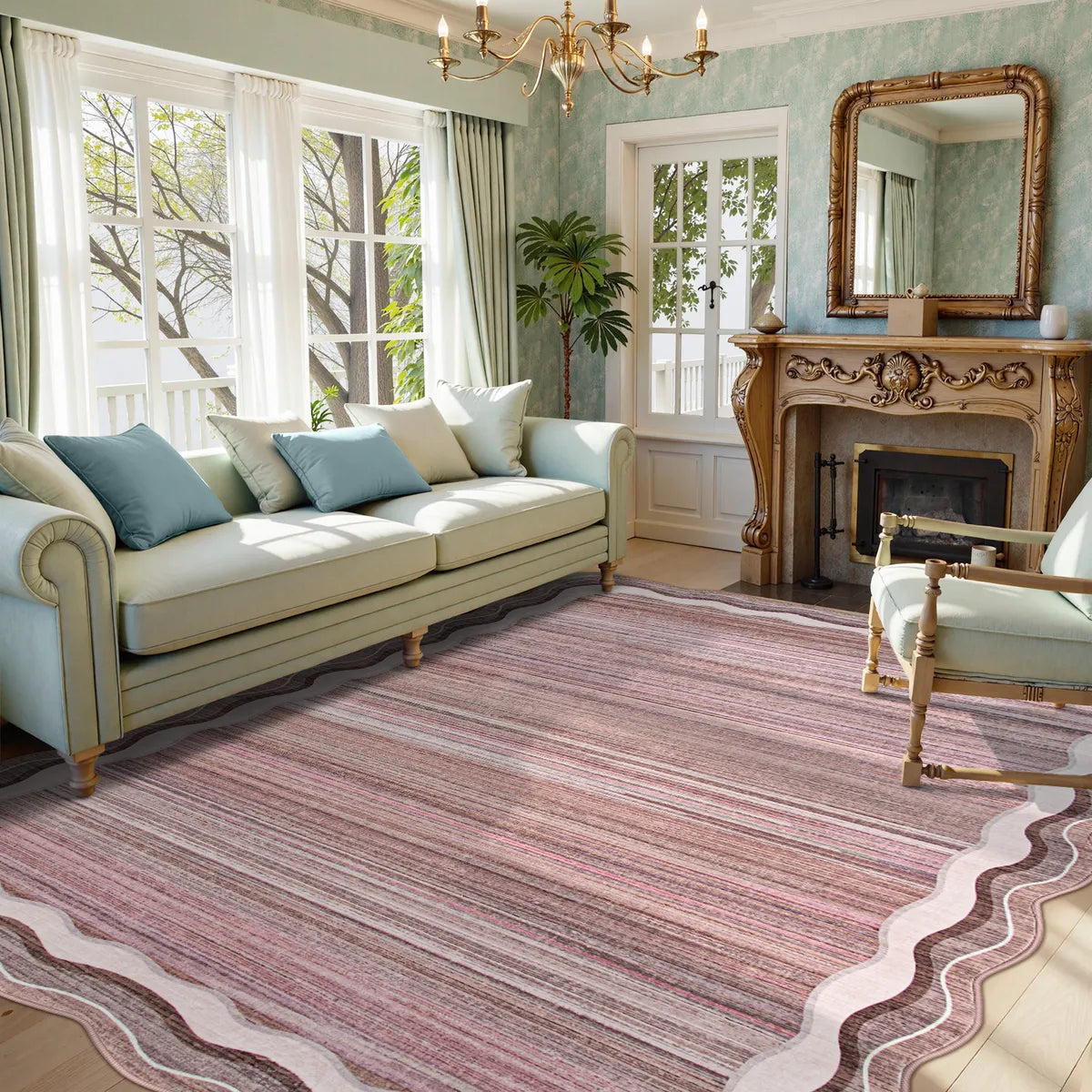 Estelle Washable Modern Abstract Bordered Scalloped Pink Rug Irregular Rugs Lahome