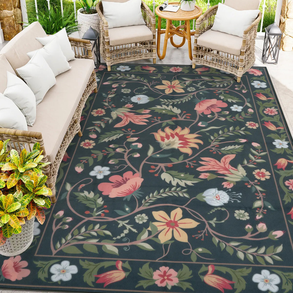 Fleurie Washable Boho Floral Charcoal Indoor/Outdoor Area Rug Area Rugs Lahome 8' x 10'