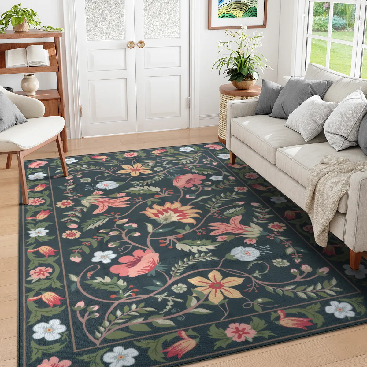 Fleurie Washable Boho Floral Charcoal Indoor/Outdoor Area Rug Area Rugs Lahome