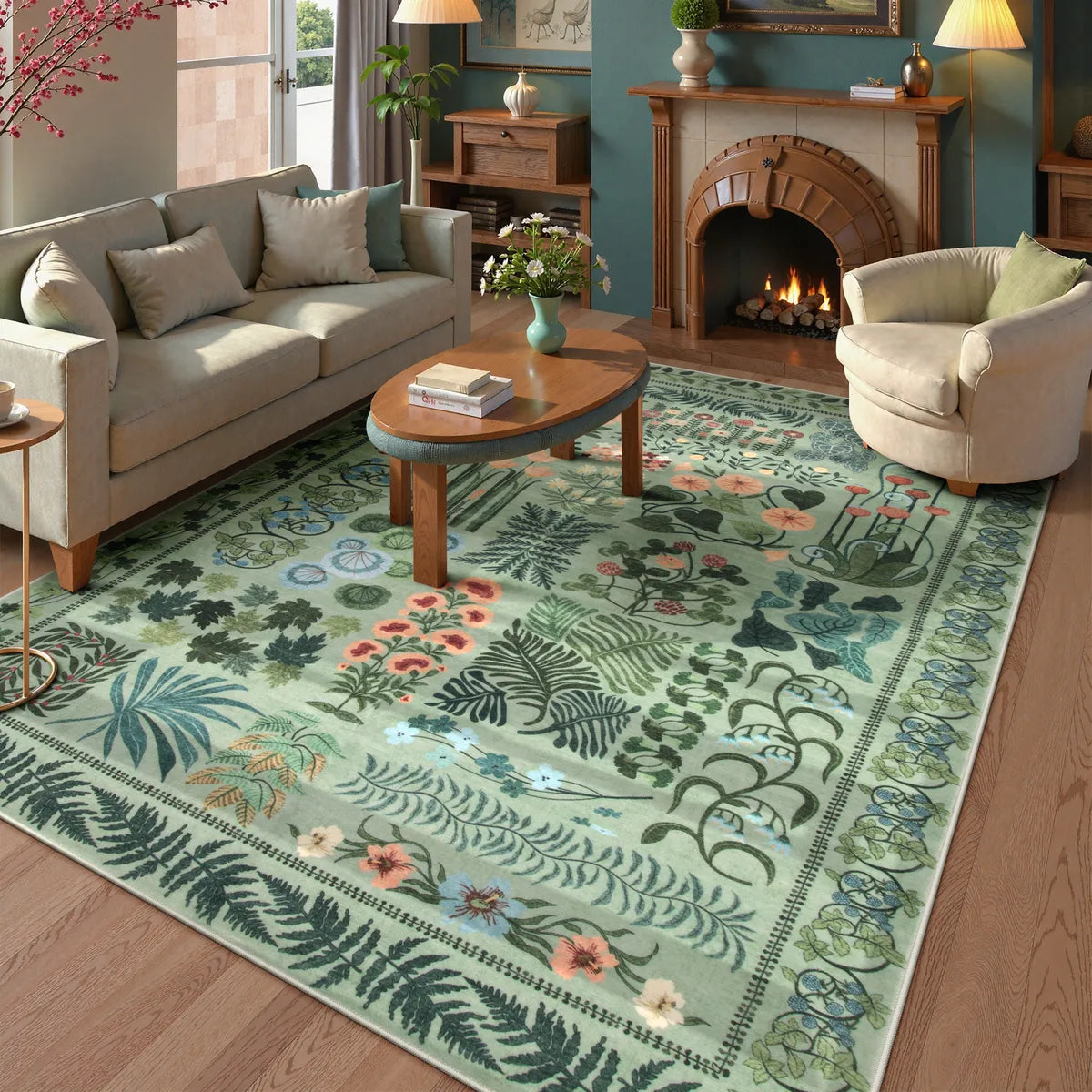 Fougere Washable Modern Patchwork Botanical Green Area Rug Area Rugs Lahome 8' x 10'