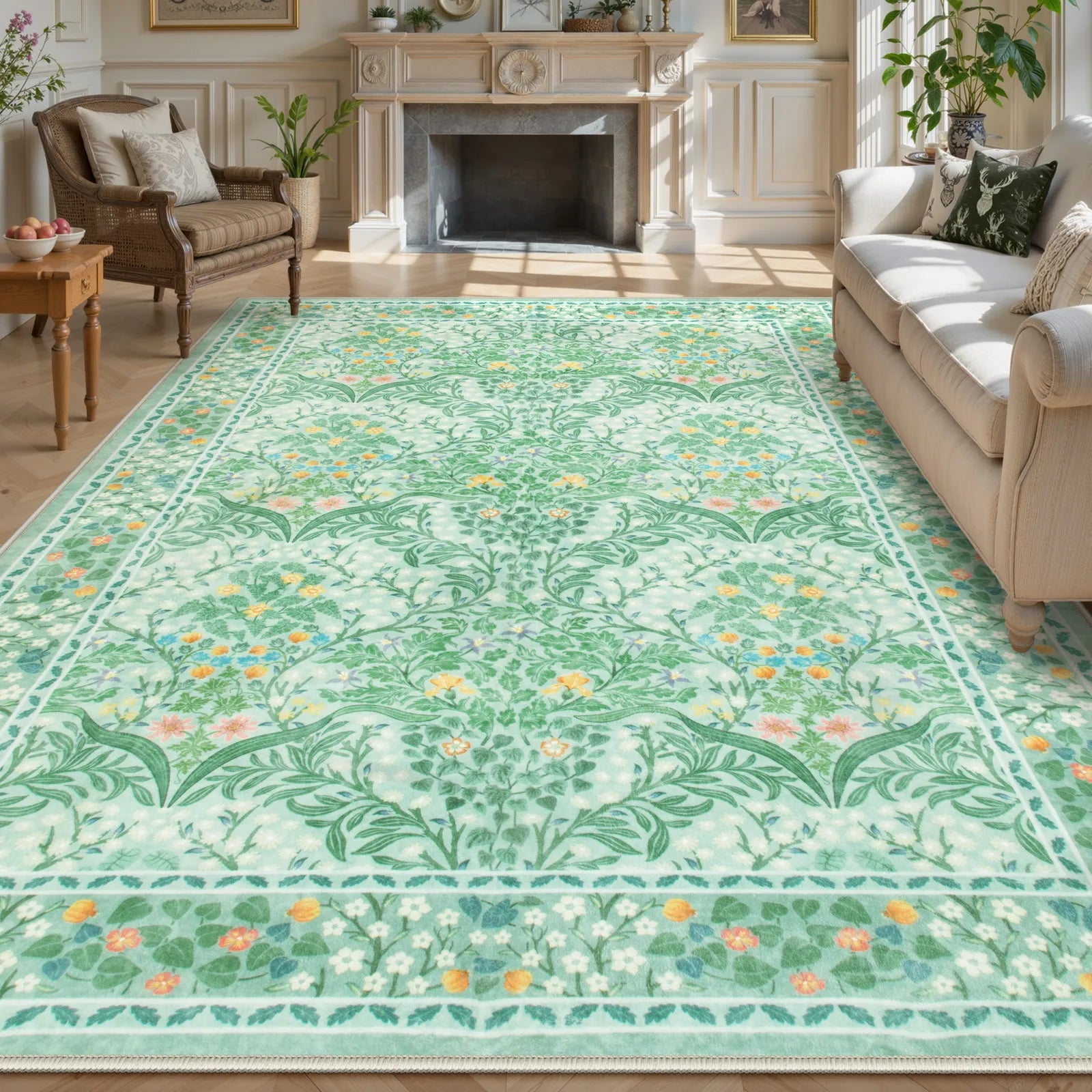 Giverny Washable Maximalism Vintage French Floral Sage Green Rug Rugs Lahome 8' x 10'