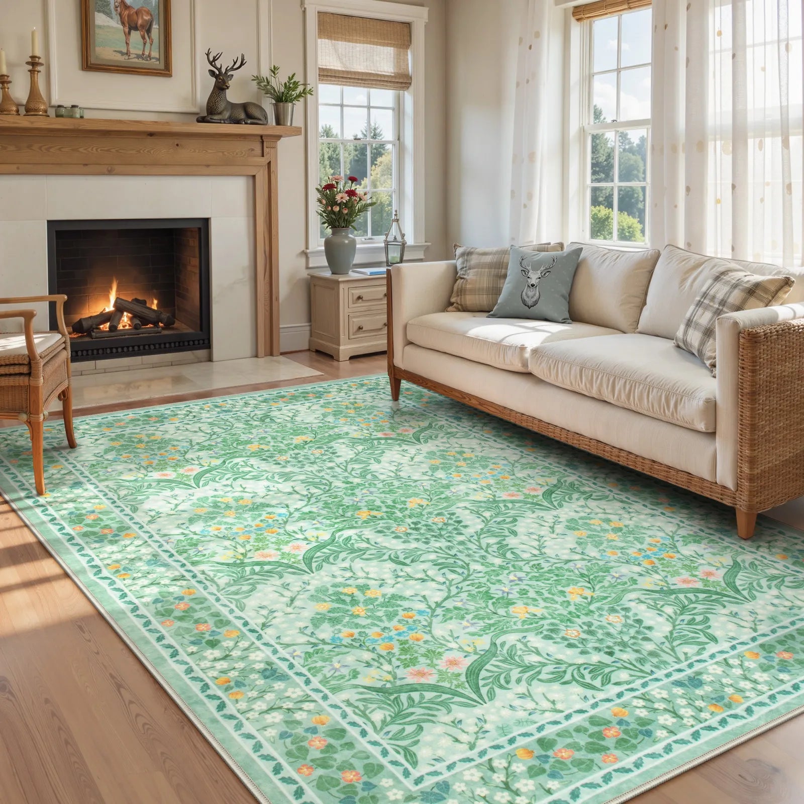 Giverny Washable Maximalism Vintage French Floral Sage Green Rug Rugs Lahome