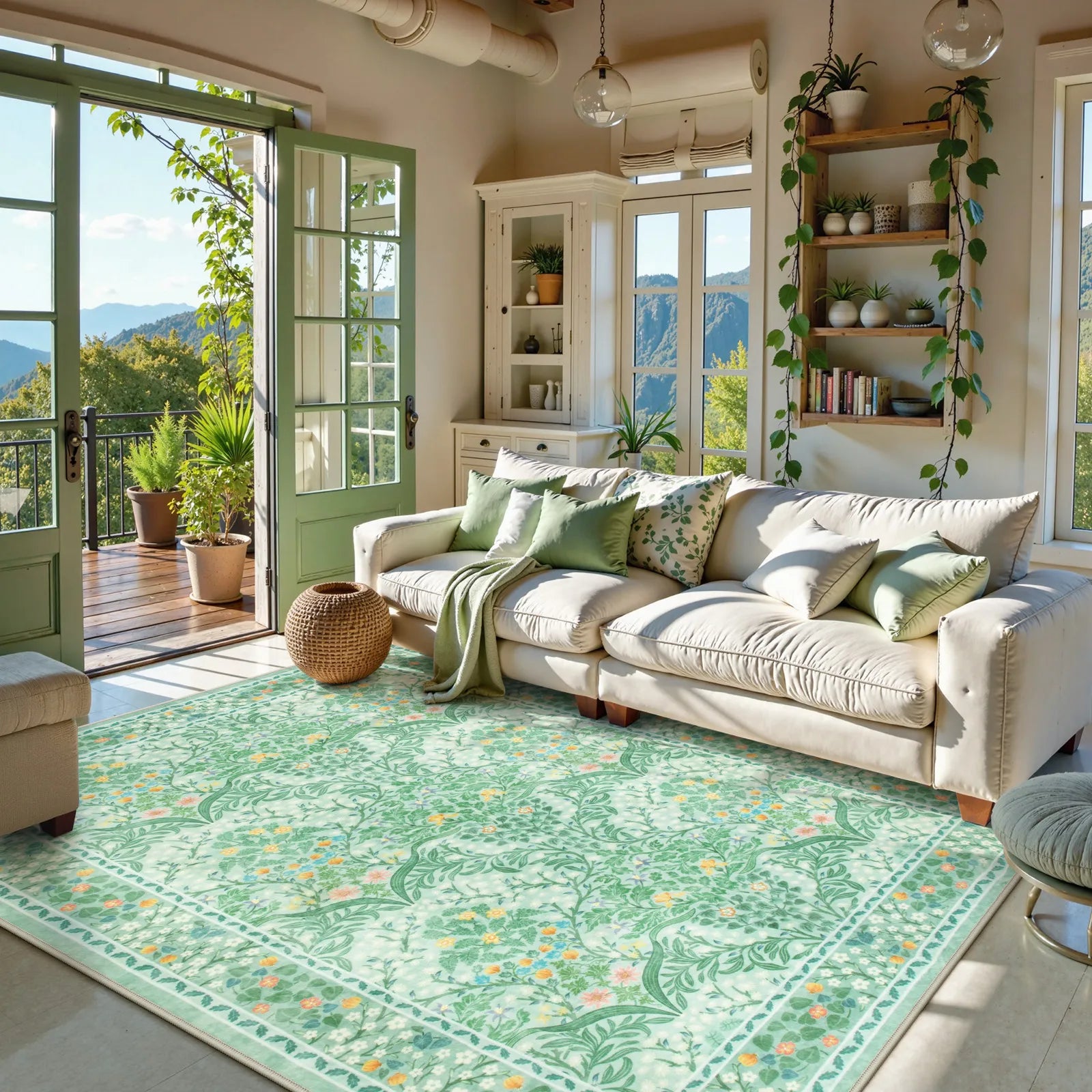 Giverny Washable Maximalism Vintage French Floral Sage Green Rug Rugs Lahome