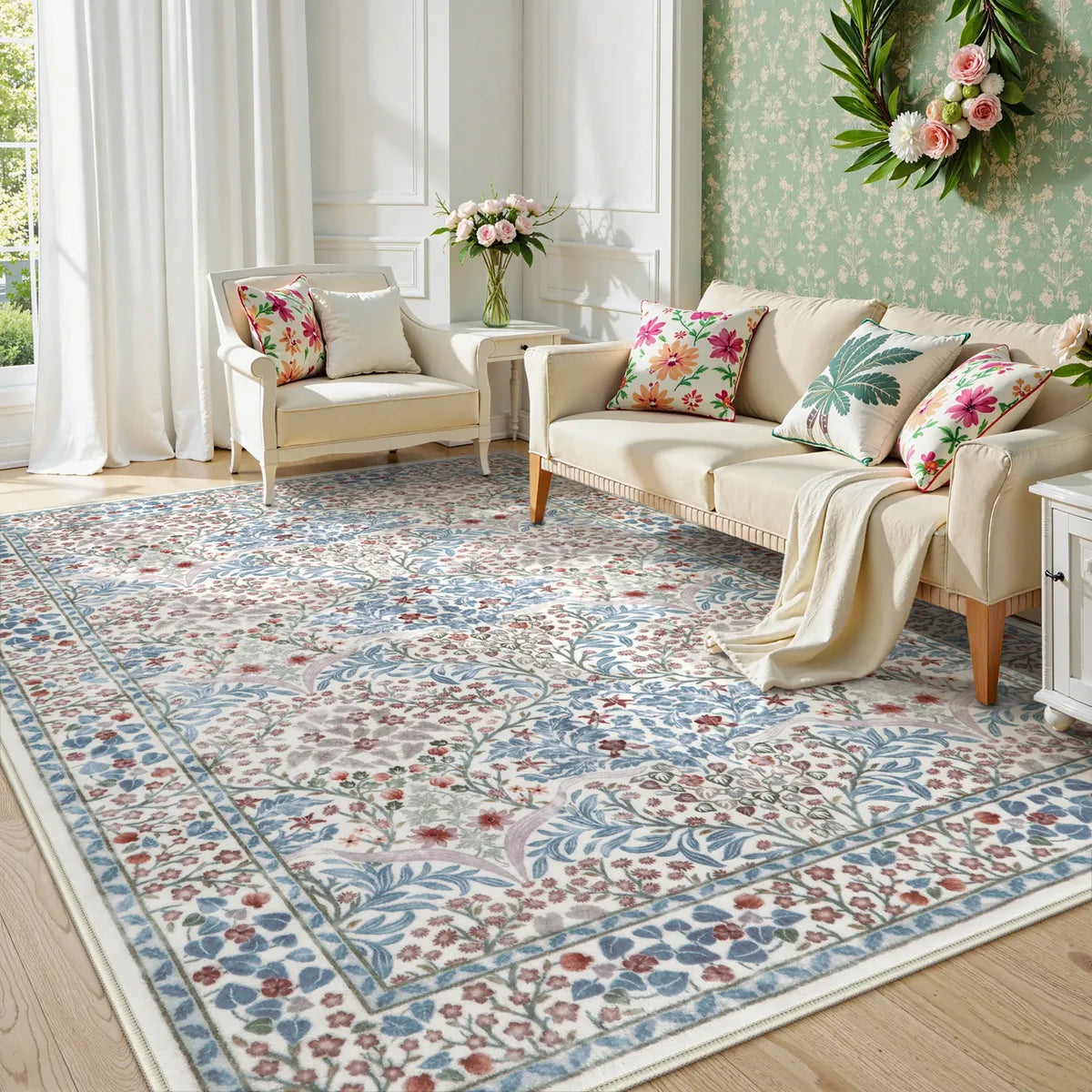 Giverny Washable Maximalism Vintage French Floral Beige Runner Rug Rugs Lahome