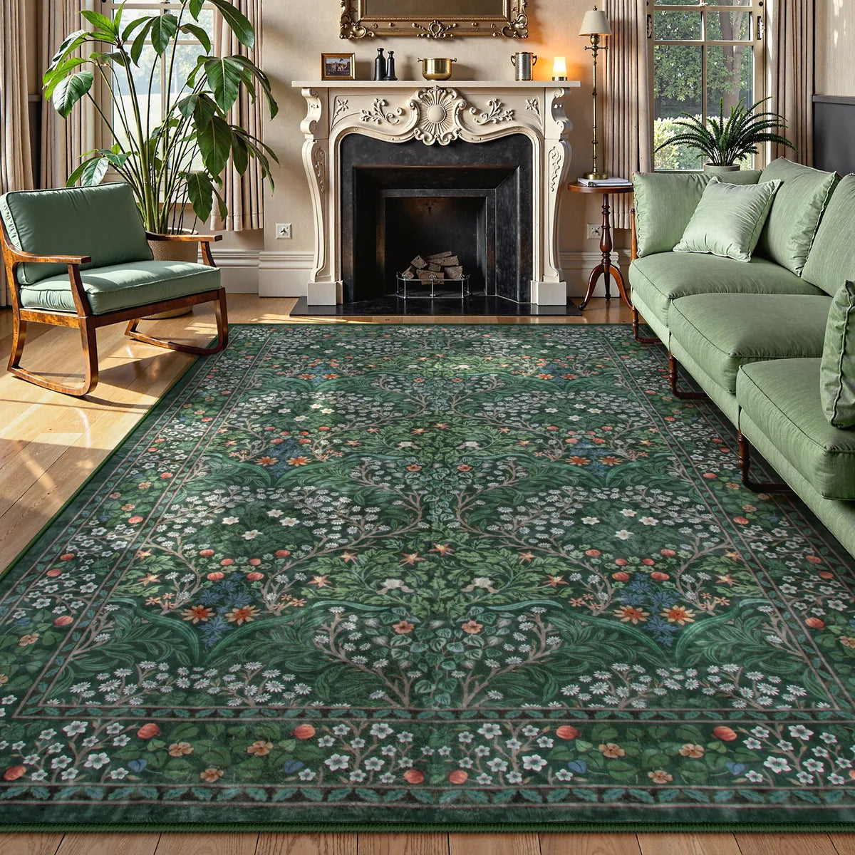Giverny Washable Maximalism Vintage French Floral Dark Green Rug Rugs Lahome 8' x 10'
