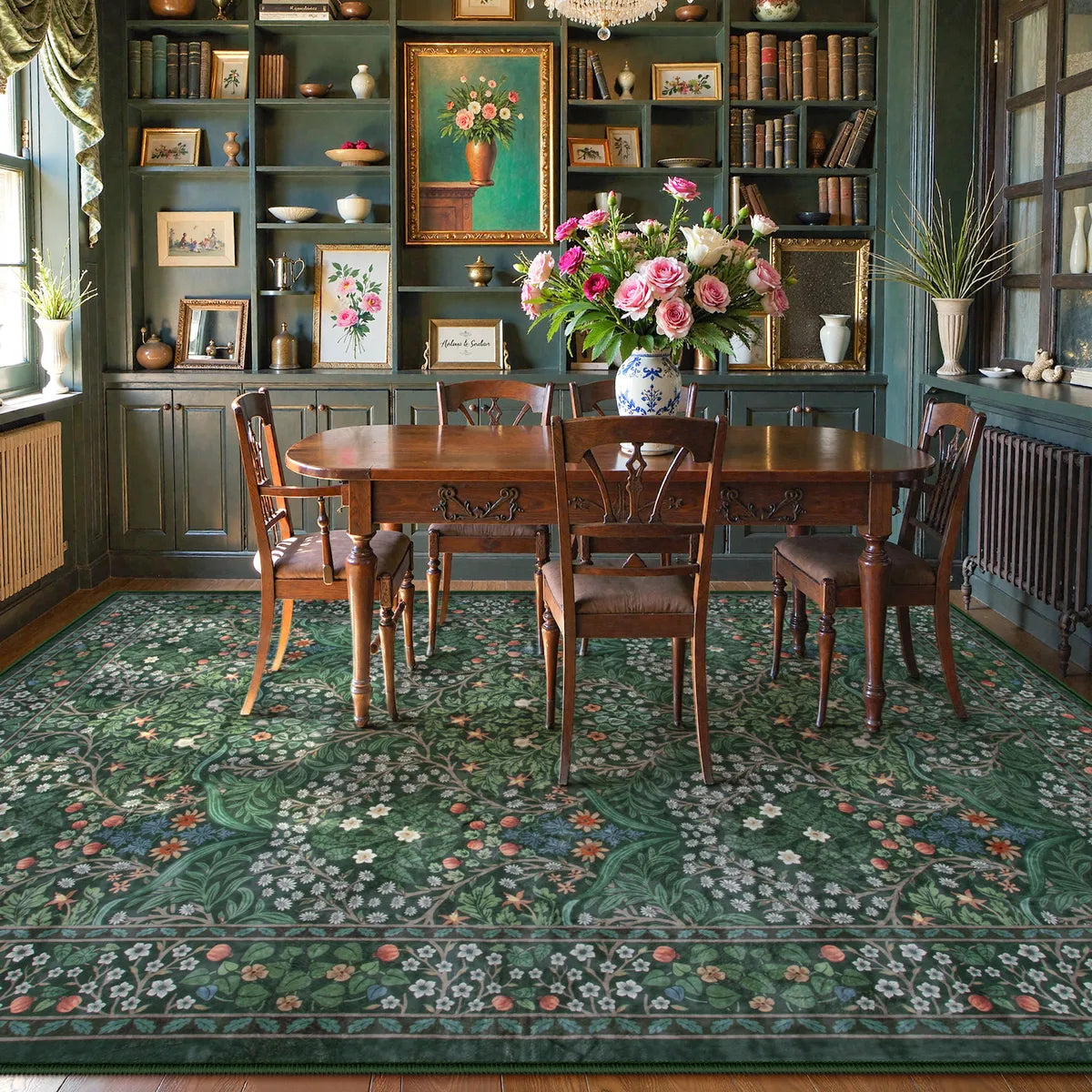 Giverny Washable Maximalism Vintage French Floral Dark Green Rug Rugs Lahome