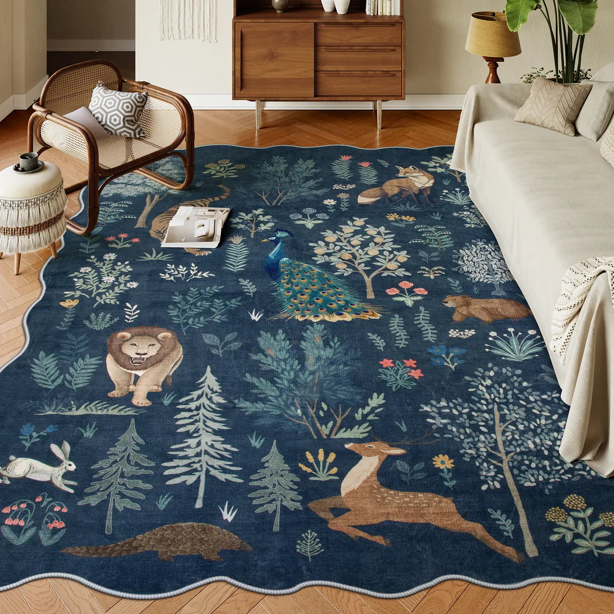 Javelle Washable Jungle Animal Fauves Scalloped Blue Rug Area Rugs Lahome