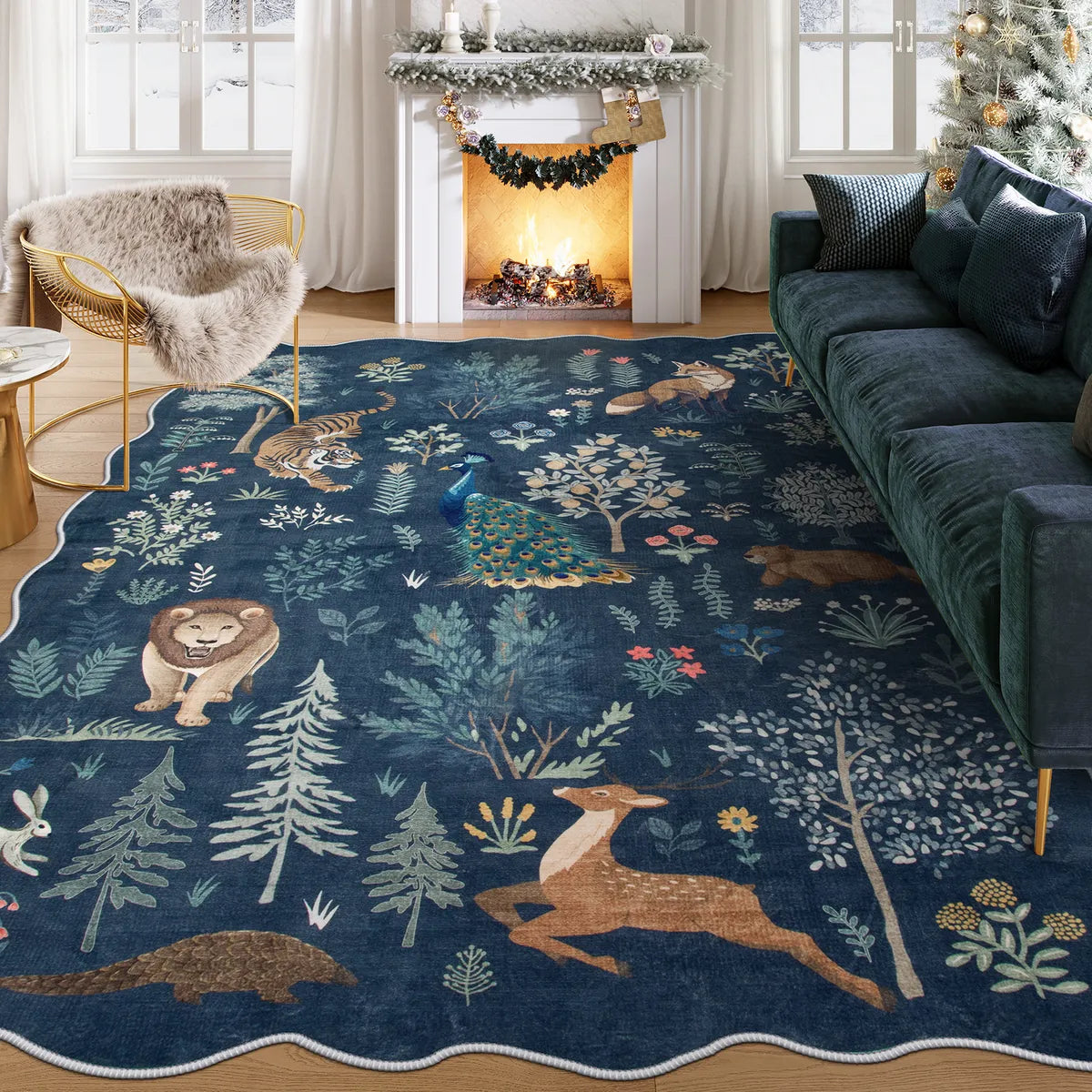 Javelle Washable Jungle Animal Fauves Scalloped Blue Rug Area Rugs Lahome 8' x 10'