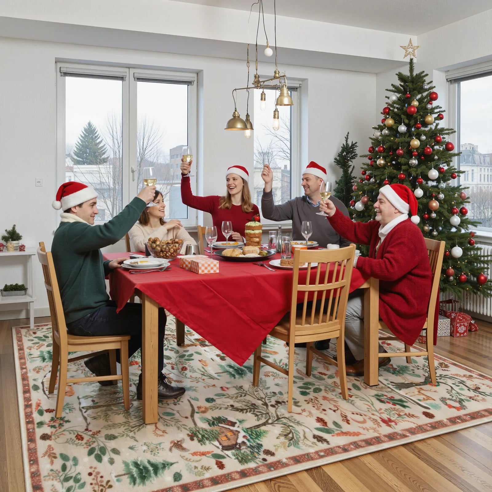 Jocelyn Christmas Washable Winter Woodland Cabin Beige Rug Area Rugs Lahome