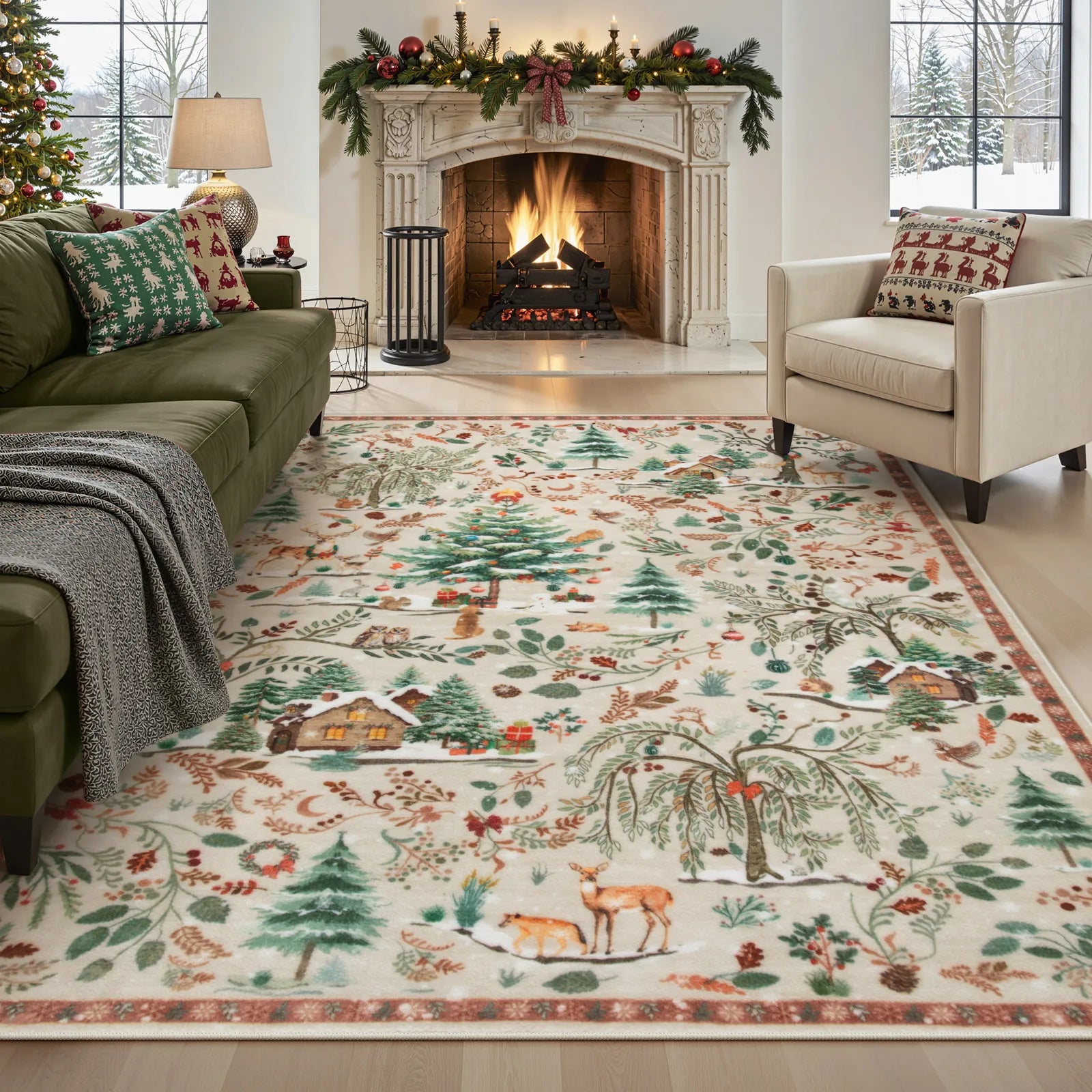 Jocelyn Christmas Washable Winter Woodland Cabin Beige Rug Area Rugs Lahome 8' x 10'