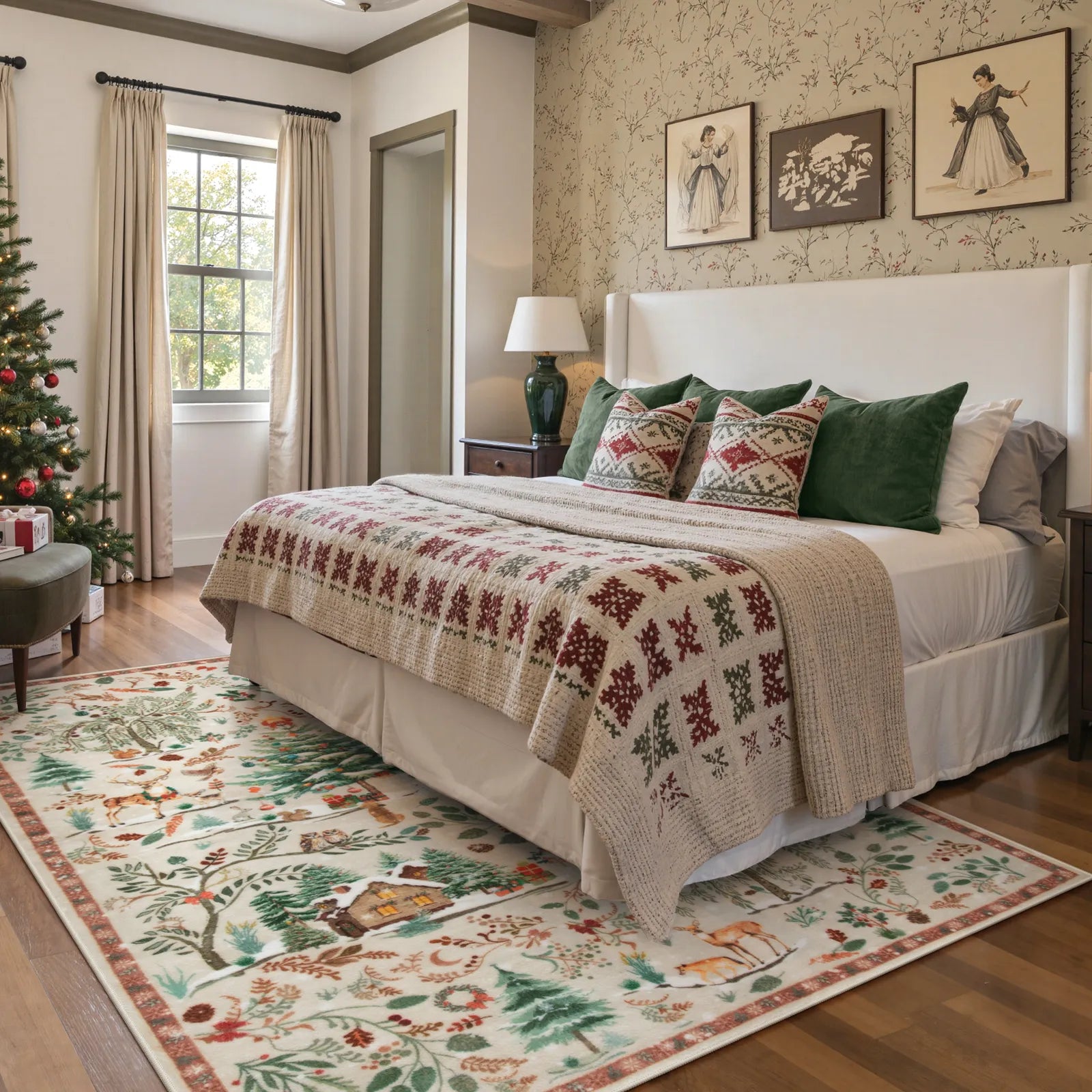 Jocelyn Christmas Washable Winter Woodland Cabin Beige Rug Area Rugs Lahome