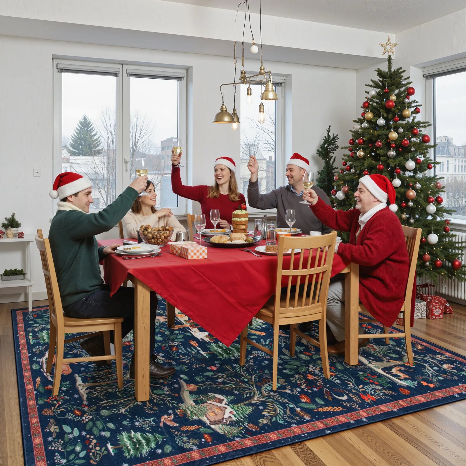 Jocelyn Christmas Washable Winter Woodland Cabin Blue Rug Area Rugs Lahome