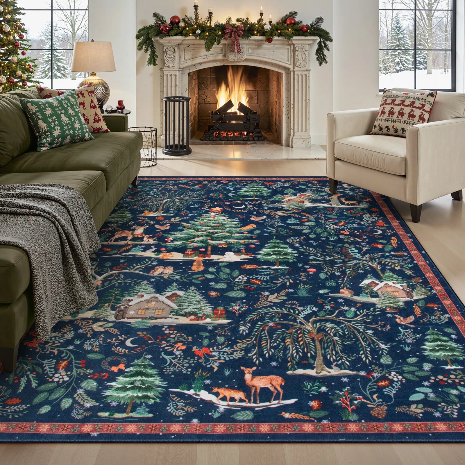 Jocelyn Christmas Washable Winter Woodland Cabin Blue Rug Area Rugs Lahome