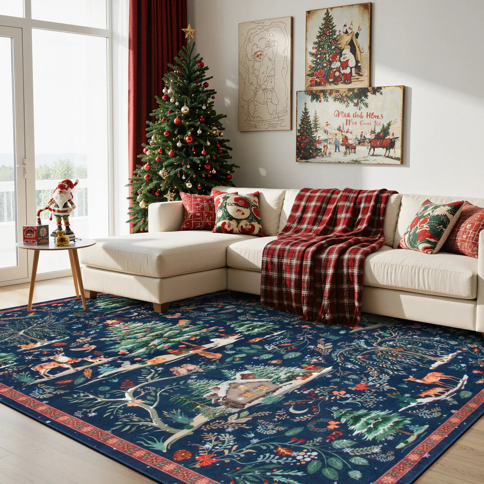 Jocelyn Christmas Washable Winter Woodland Cabin Blue Rug Area Rugs Lahome