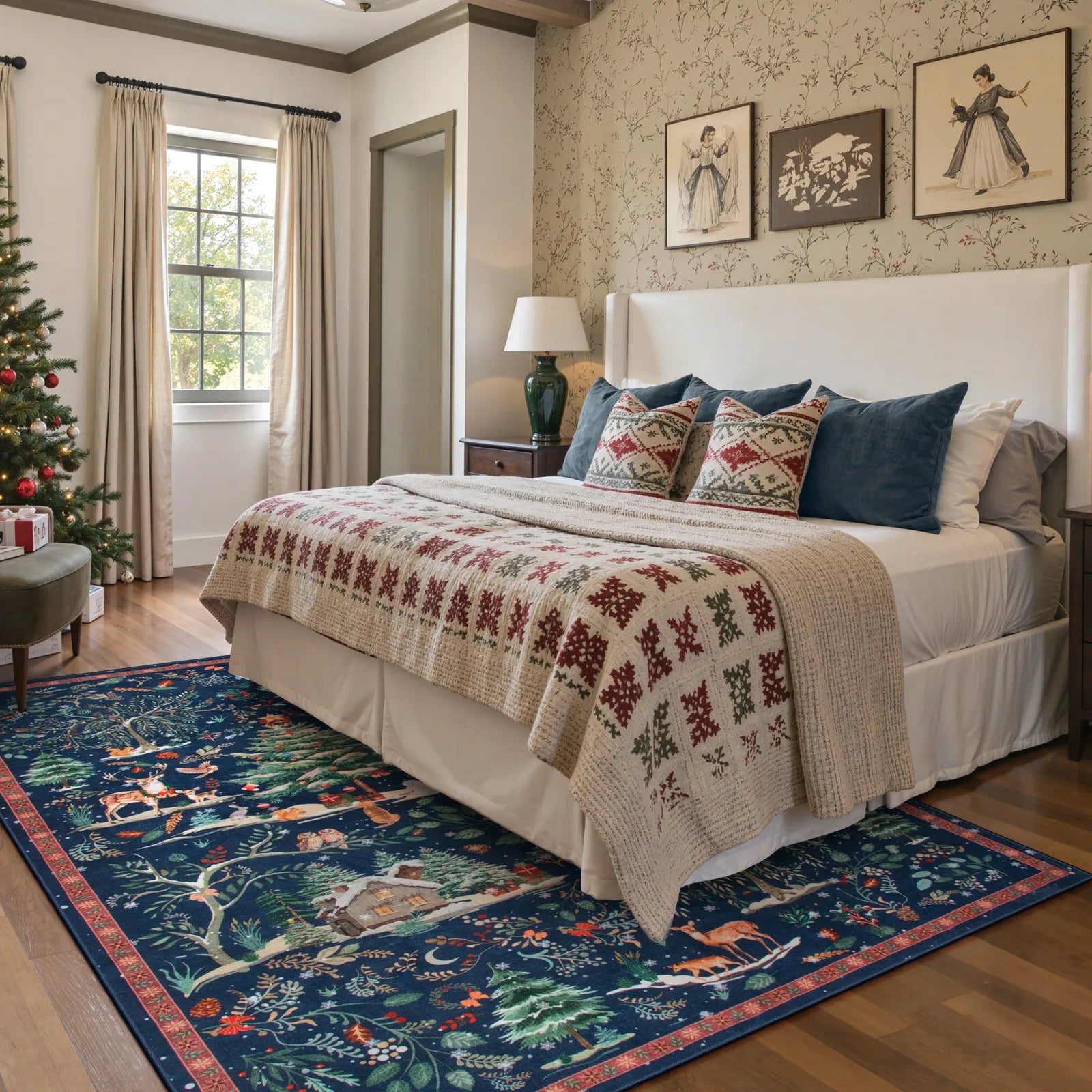 Jocelyn Christmas Washable Winter Woodland Cabin Blue Rug Area Rugs Lahome