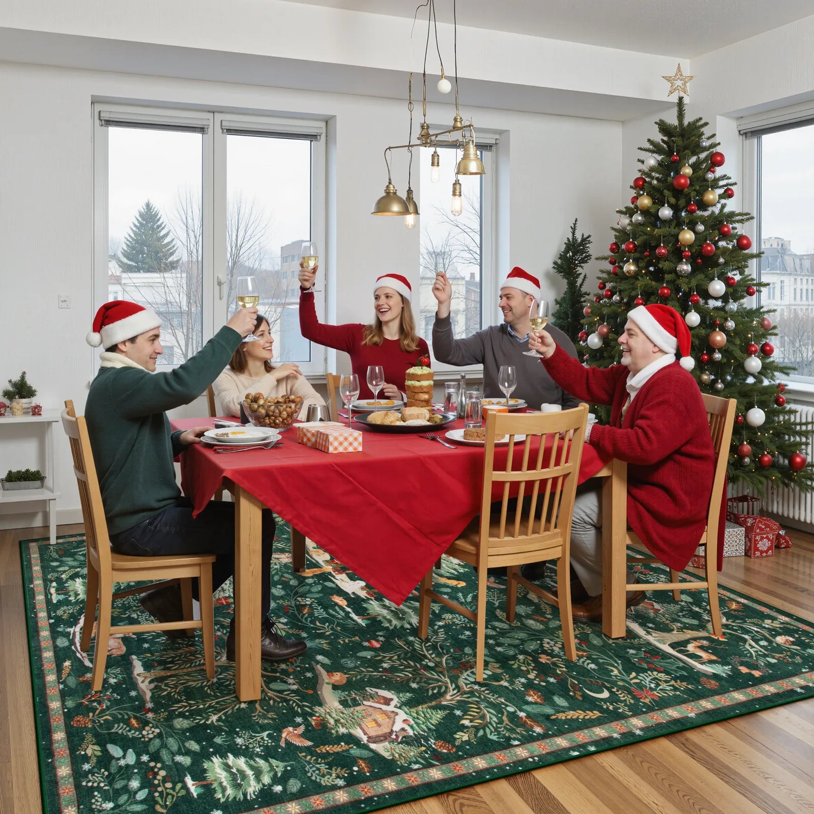 Jocelyn Christmas Washable Winter Woodland Cabin Green Rug Area Rugs Lahome