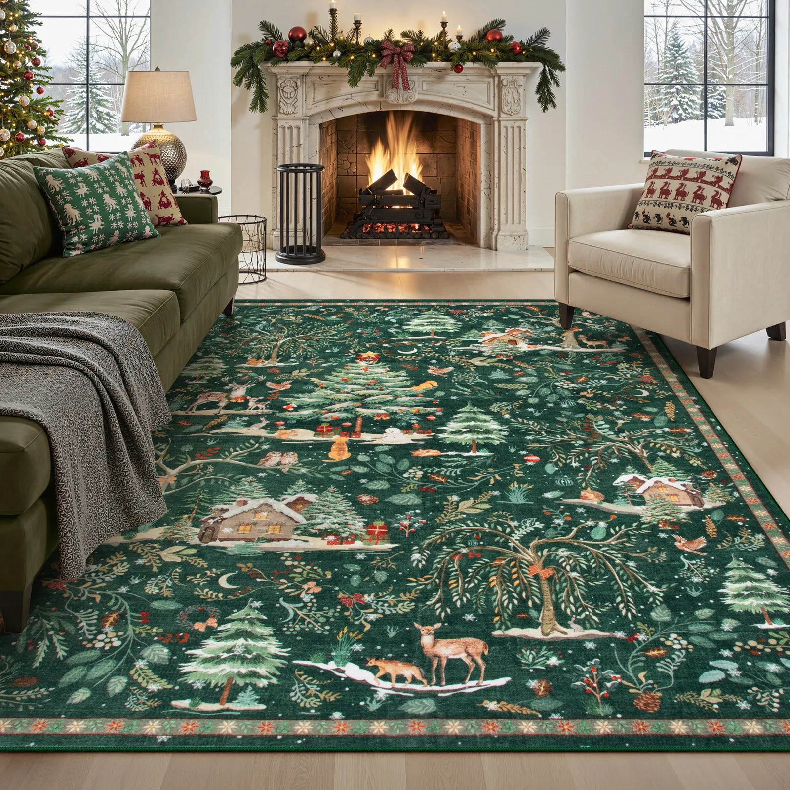 Jocelyn Christmas Washable Winter Woodland Cabin Green Rug Area Rugs Lahome