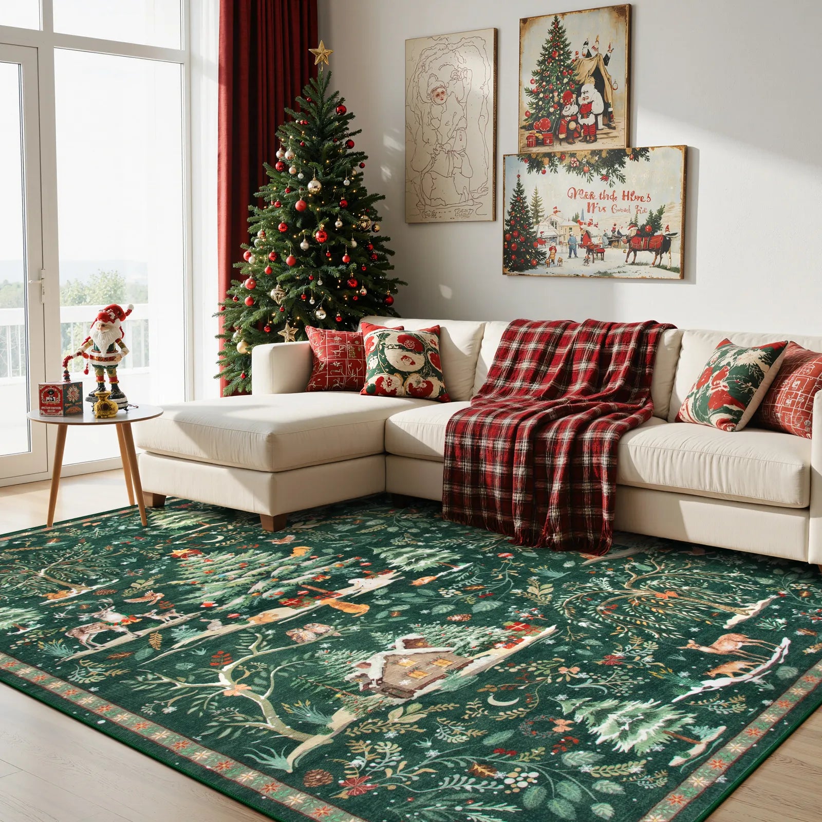 Jocelyn Christmas Washable Winter Woodland Cabin Green Rug Area Rugs Lahome