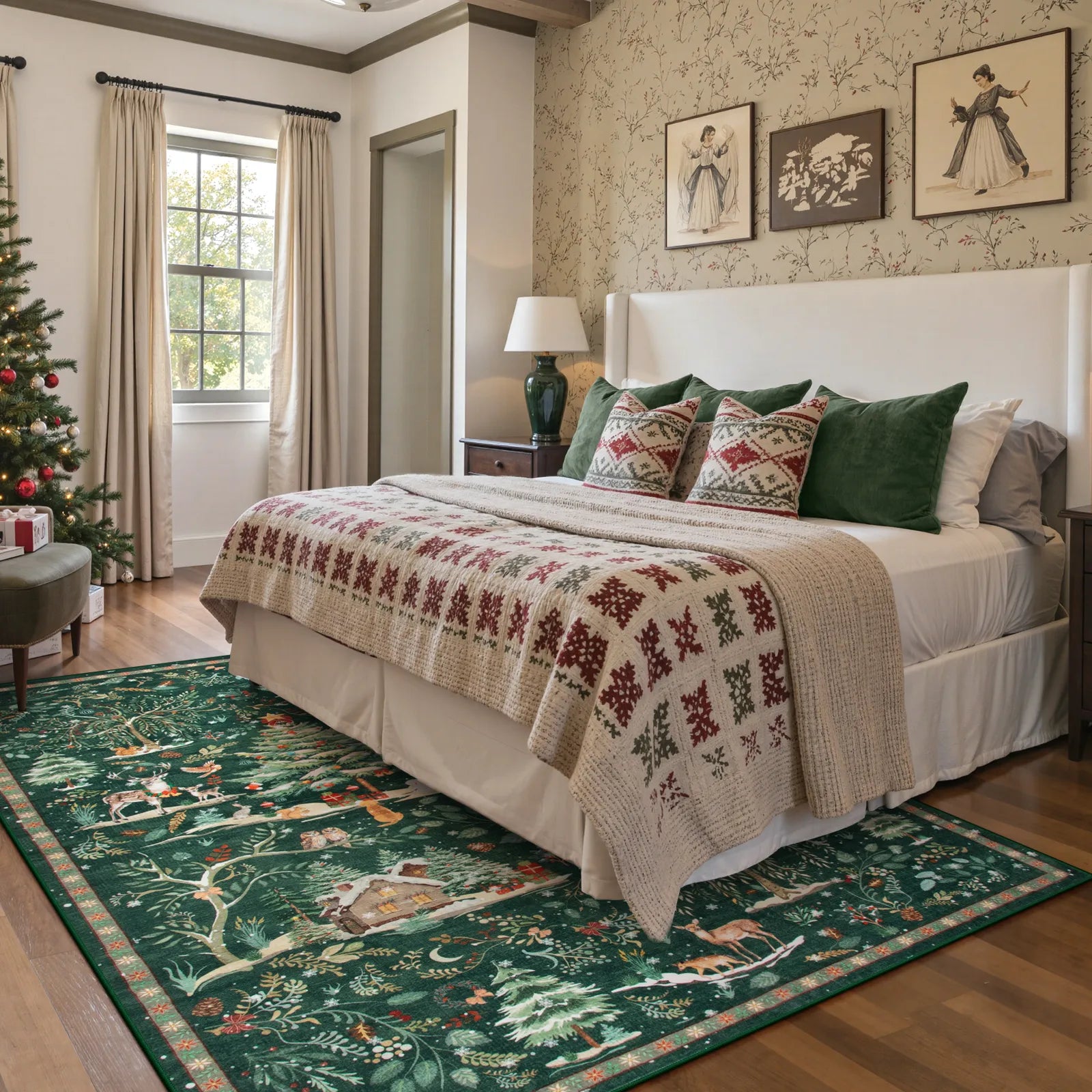 Jocelyn Christmas Washable Winter Woodland Cabin Green Rug Area Rugs Lahome