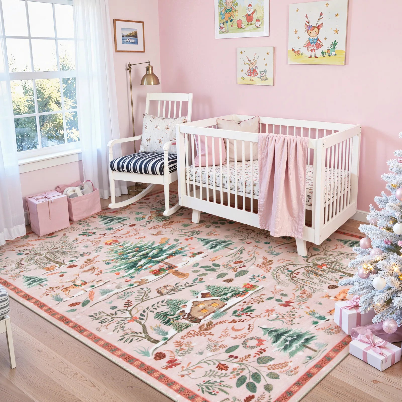 Jocelyn Christmas Washable Winter Woodland Cabin Pink Rug Area Rugs Lahome