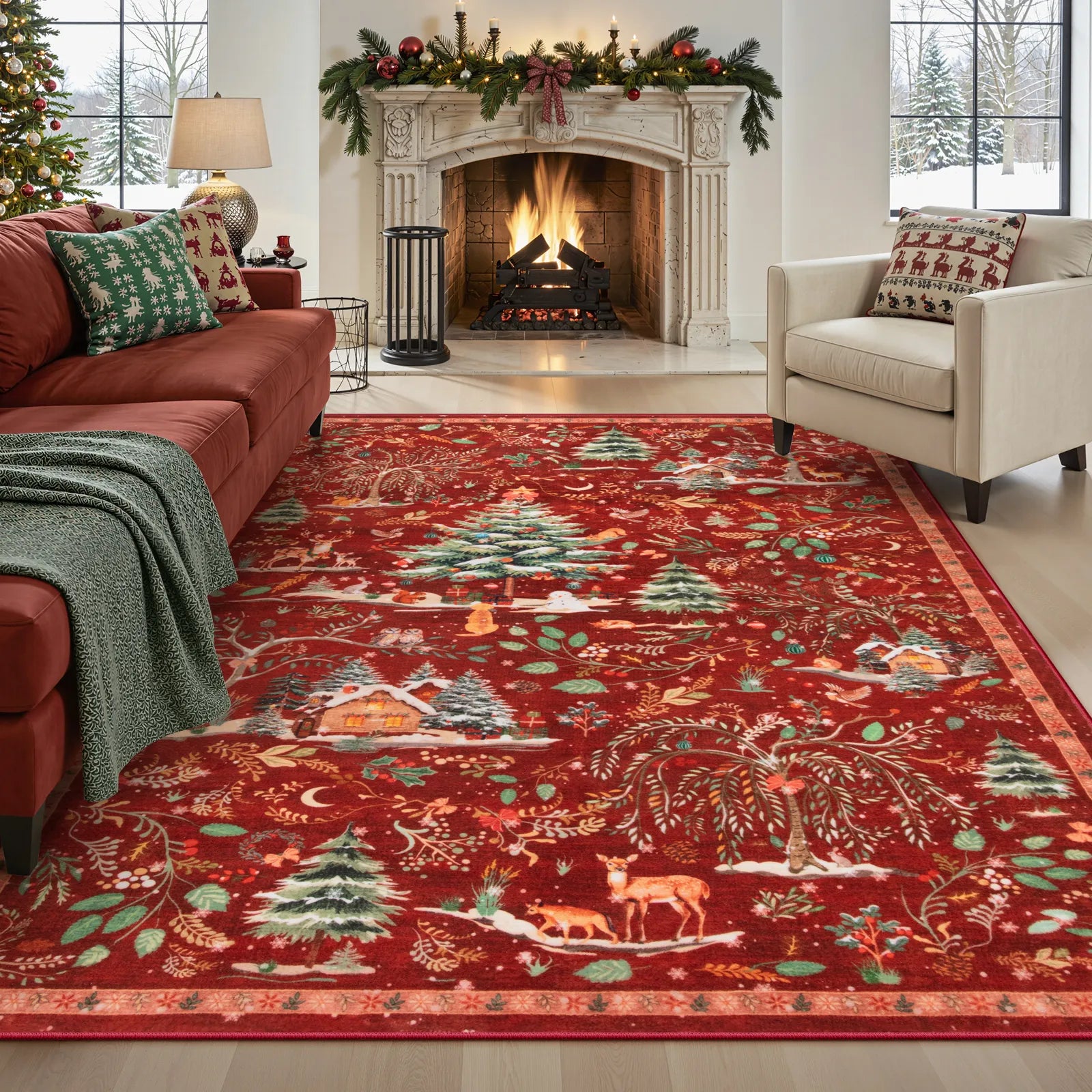 Jocelyn Christmas Washable Winter Woodland Cabin Red Rug Area Rugs Lahome 8' x 10'