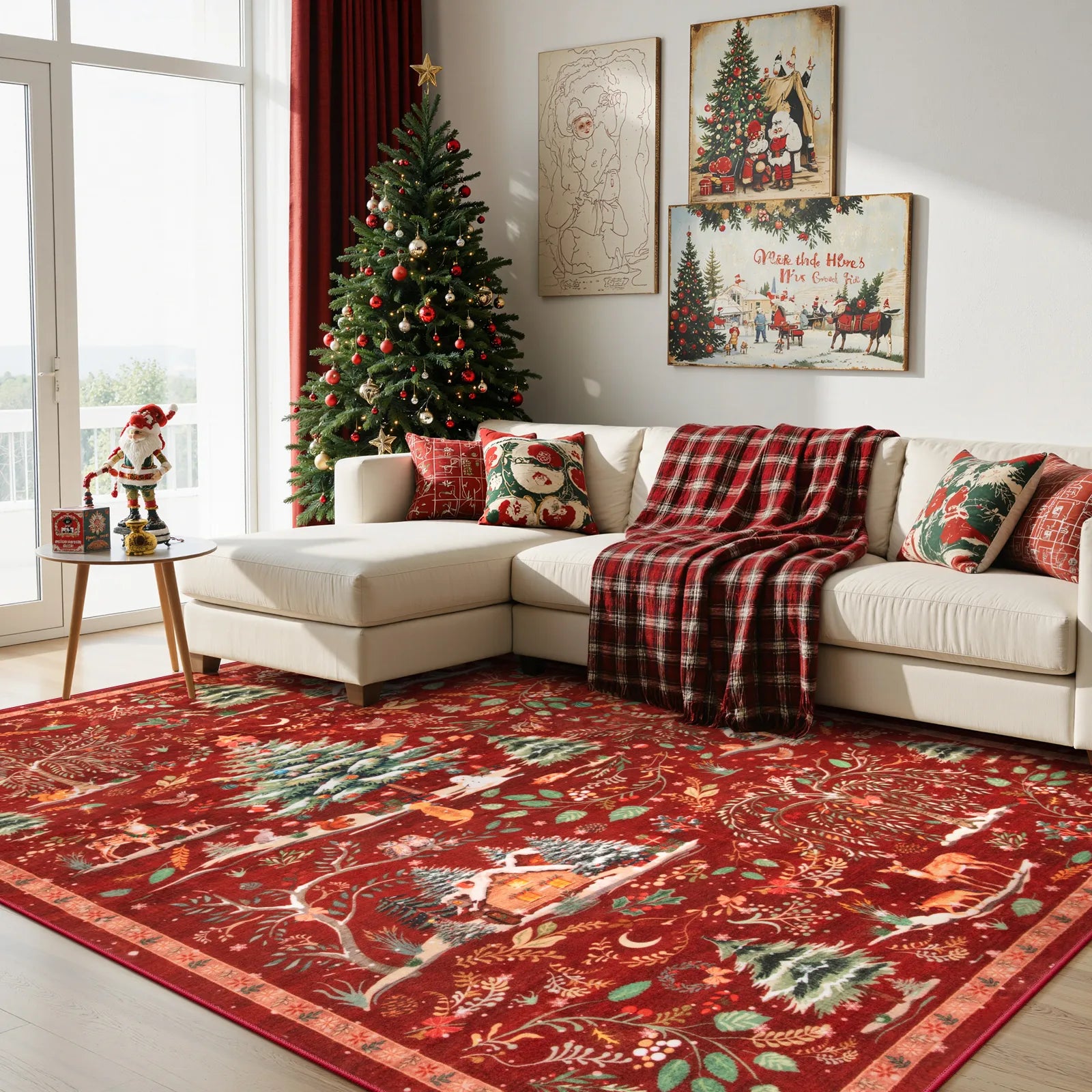 Jocelyn Christmas Washable Winter Woodland Cabin Red Rug Area Rugs Lahome