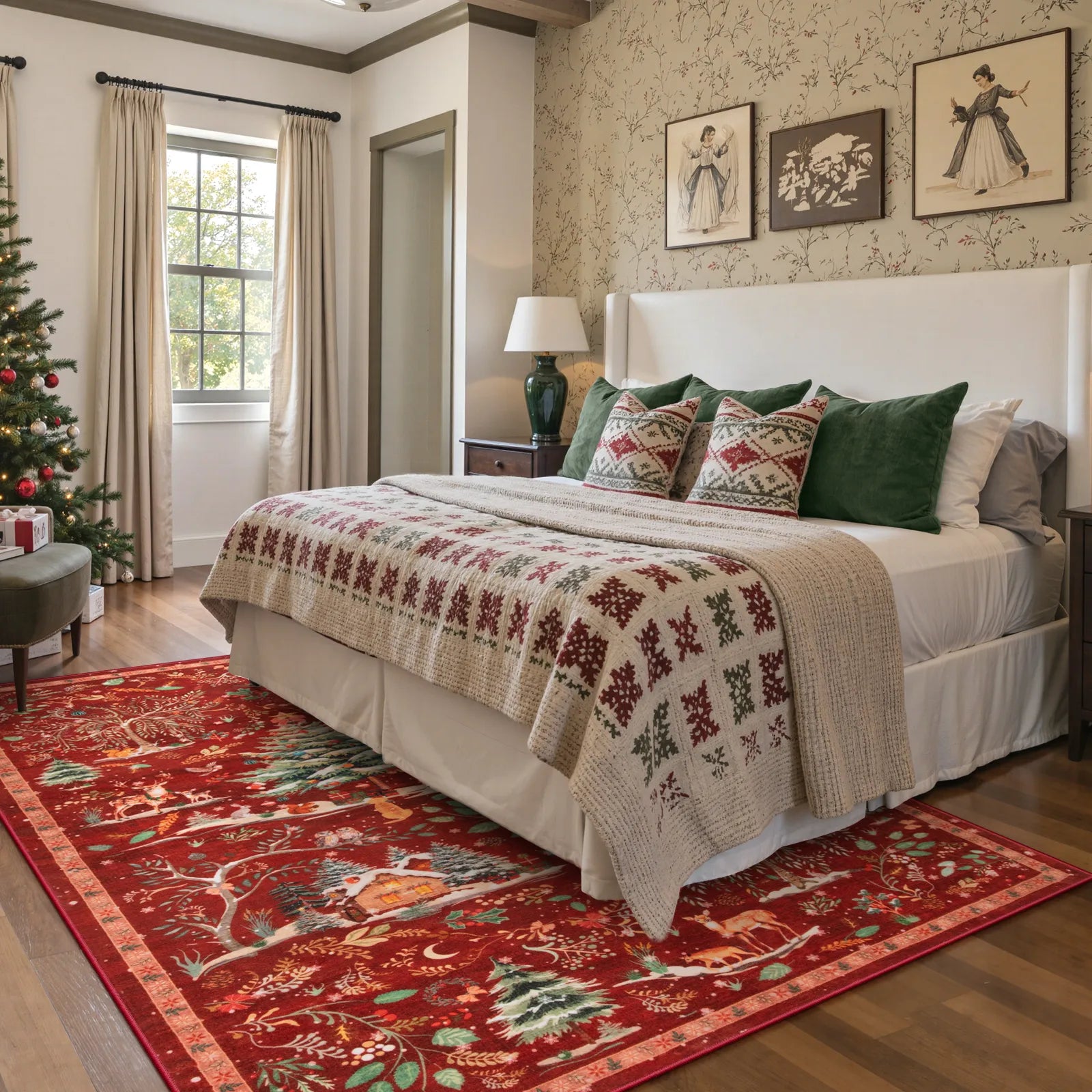 Jocelyn Christmas Washable Winter Woodland Cabin Red Rug Area Rugs Lahome