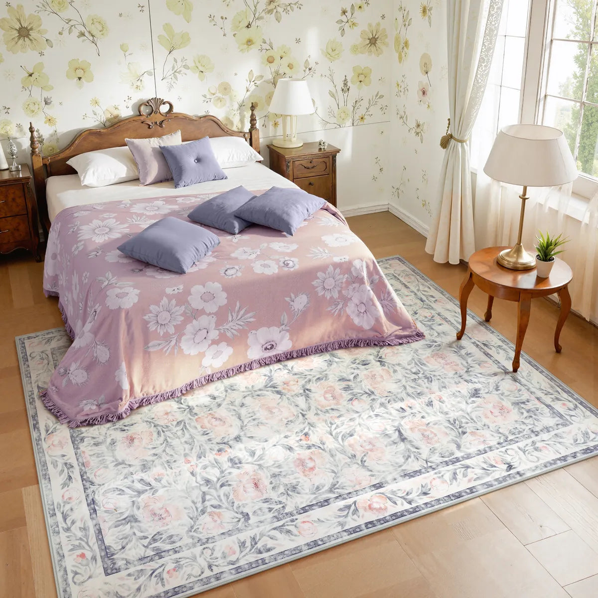 Liliane Washable Vintage Floral Grey Purple Rug Rugs Lahome