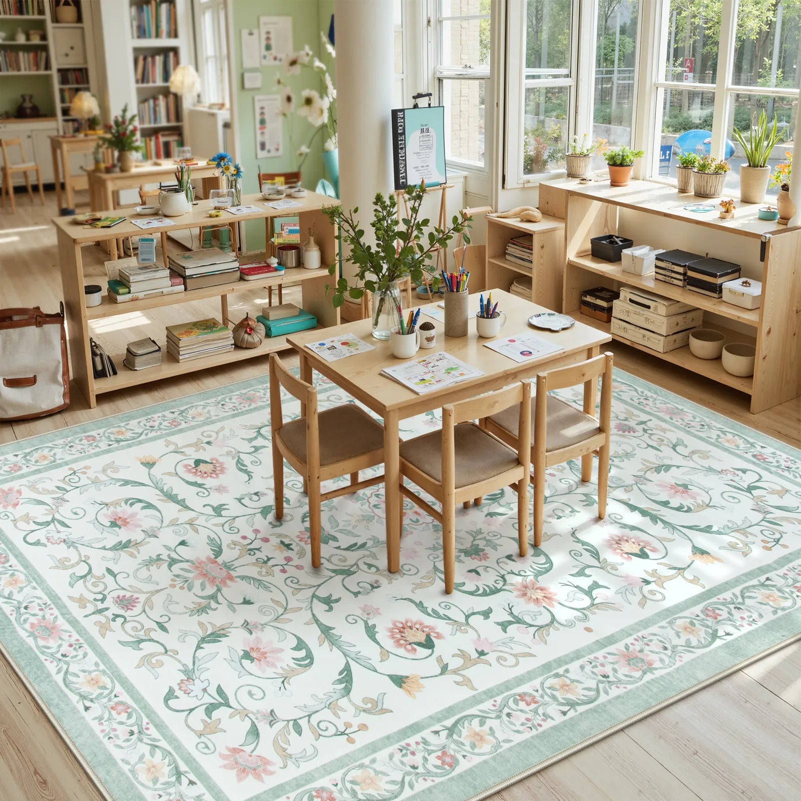 Lorevie Washable Boho vintage Garden Floral Green Rug Rugs Lahome