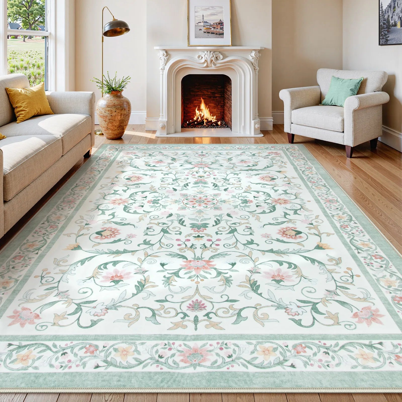 Lorevie Washable Boho vintage Garden Floral Green Rug Rugs Lahome 8' x 10'