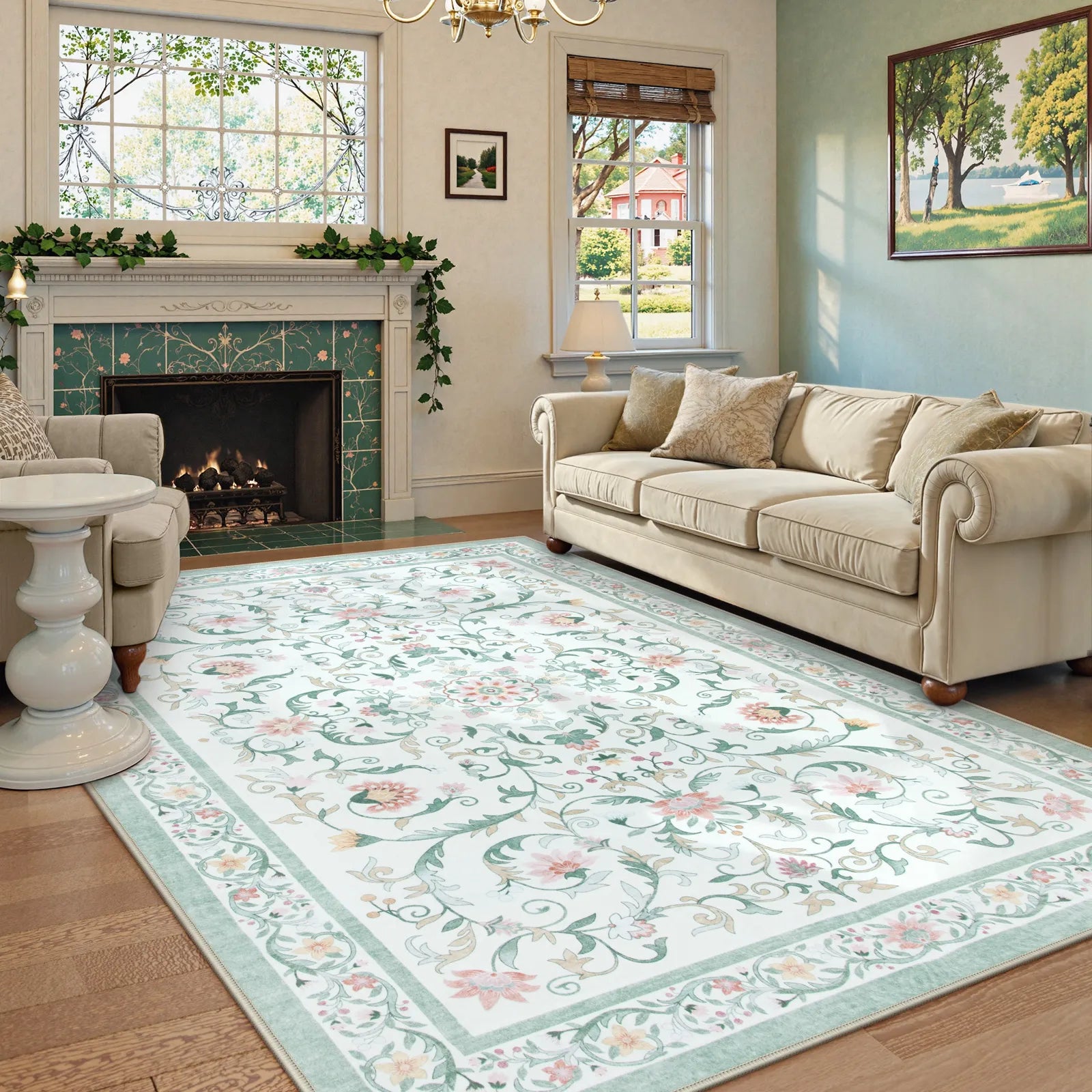 Lorevie Washable Boho vintage Garden Floral Green Rug Rugs Lahome