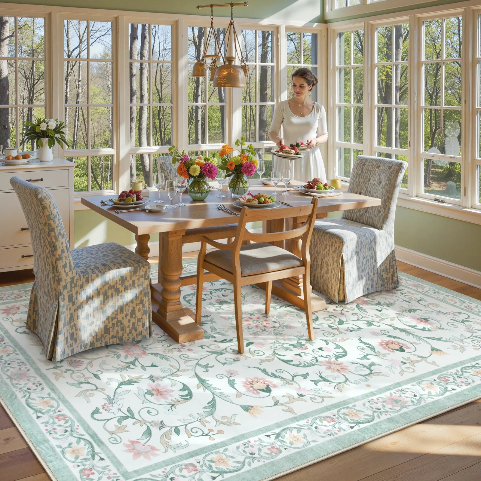 Lorevie Washable Boho vintage Garden Floral Green Rug Rugs Lahome