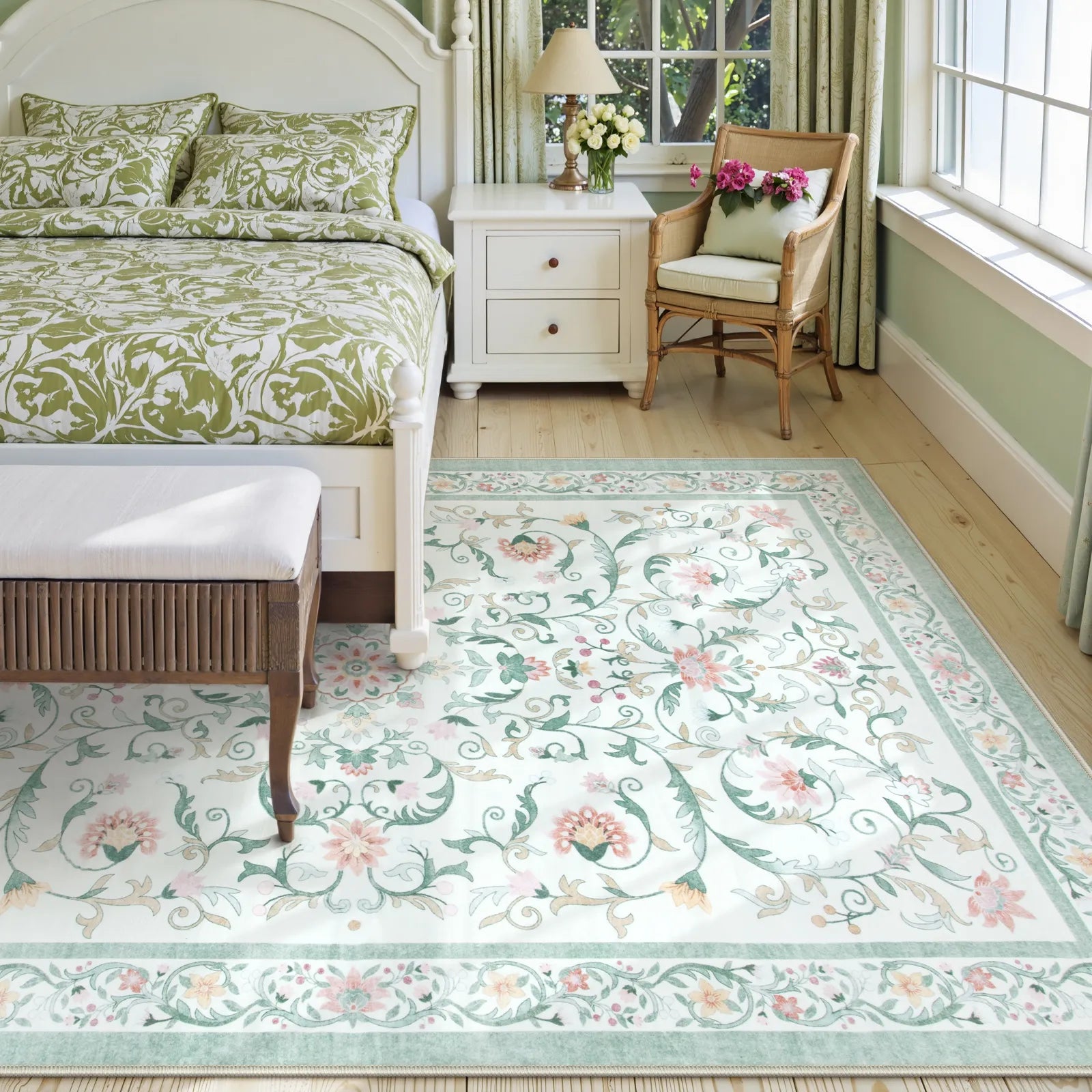 Lorevie Washable Boho vintage Garden Floral Green Rug Rugs Lahome