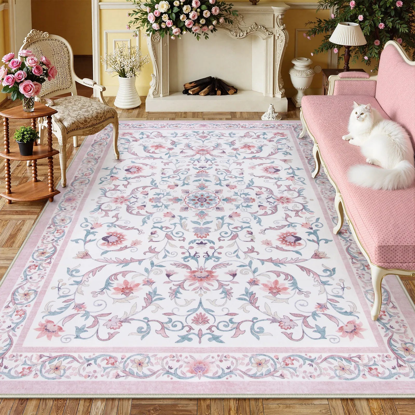 Lorevie Washable Boho vintage Garden Floral Pink Rug Rugs Lahome 8' x 10'