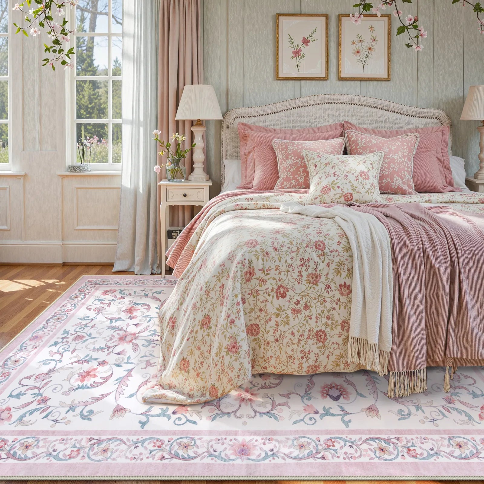 Lorevie Washable Boho vintage Garden Floral Pink Rug Rugs Lahome