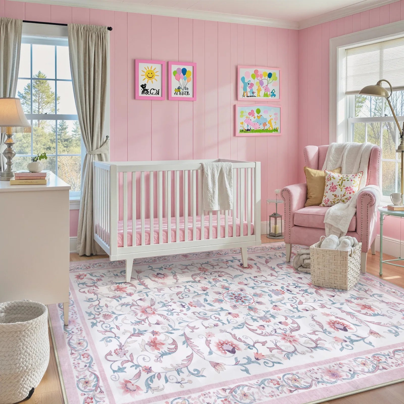 Lorevie Washable Boho vintage Garden Floral Pink Rug Rugs Lahome