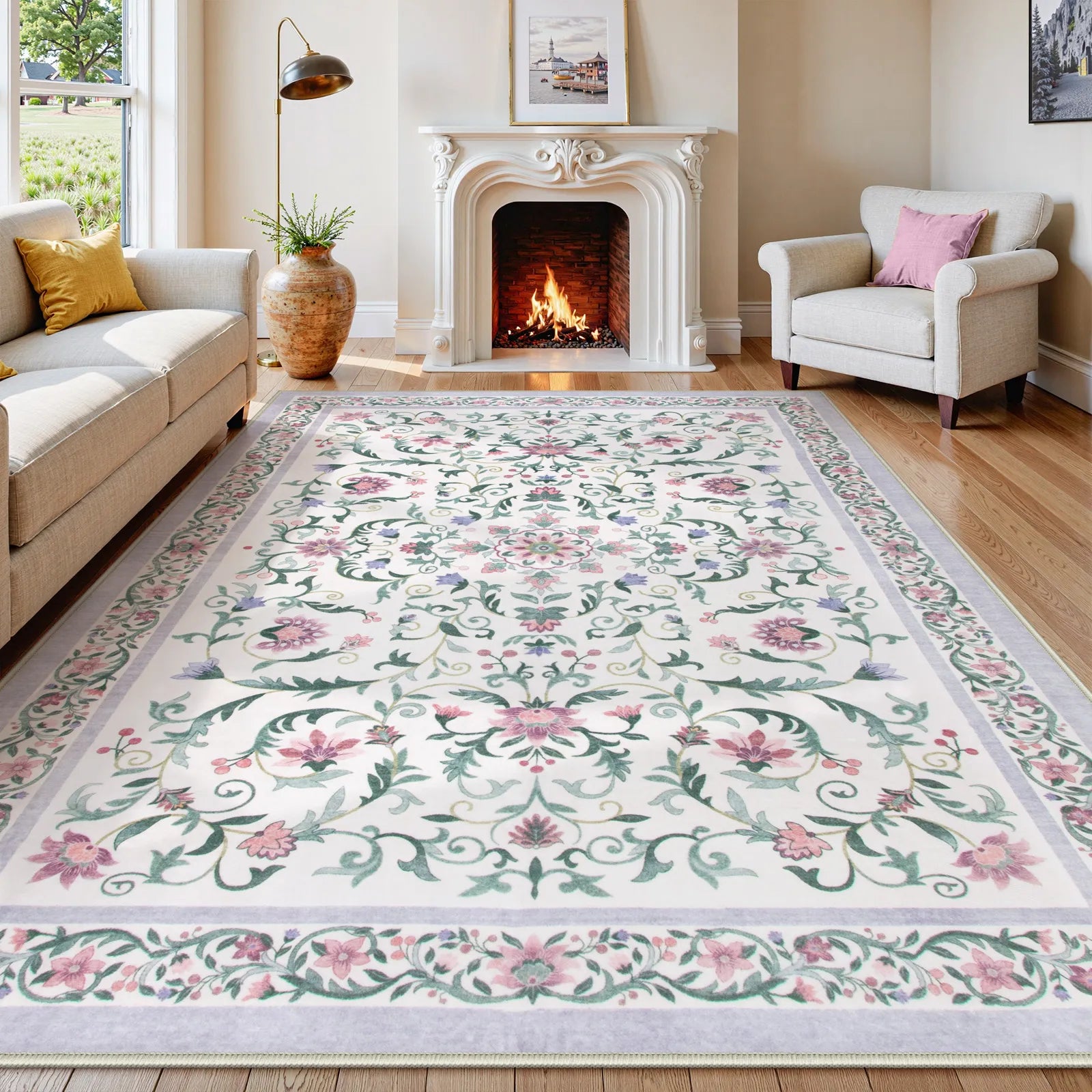 Lorevie Washable Boho vintage Garden Floral Purple Runner Rug Rugs Lahome