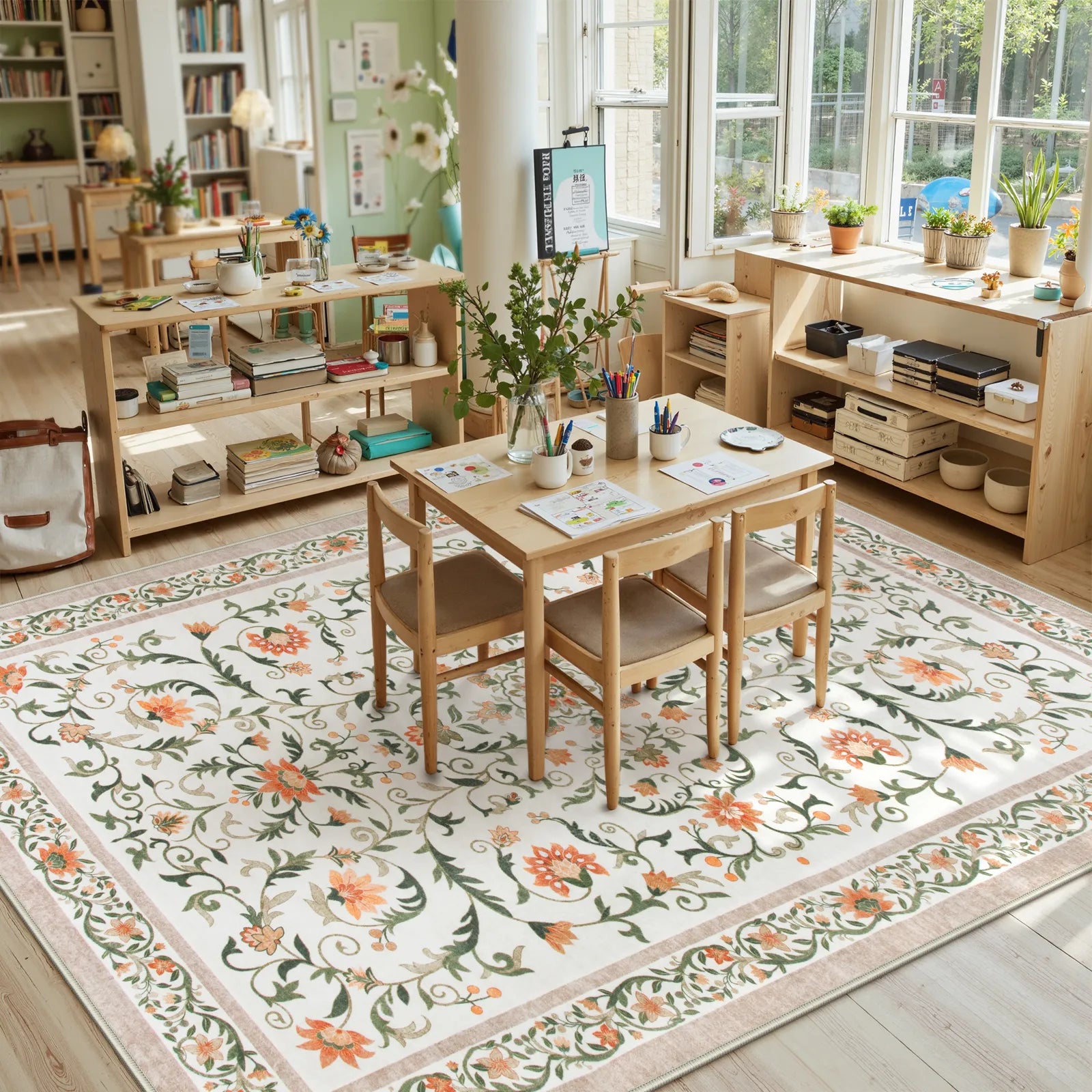 Lorevie Washable Boho vintage Garden Floral Beige Rug Rugs Lahome